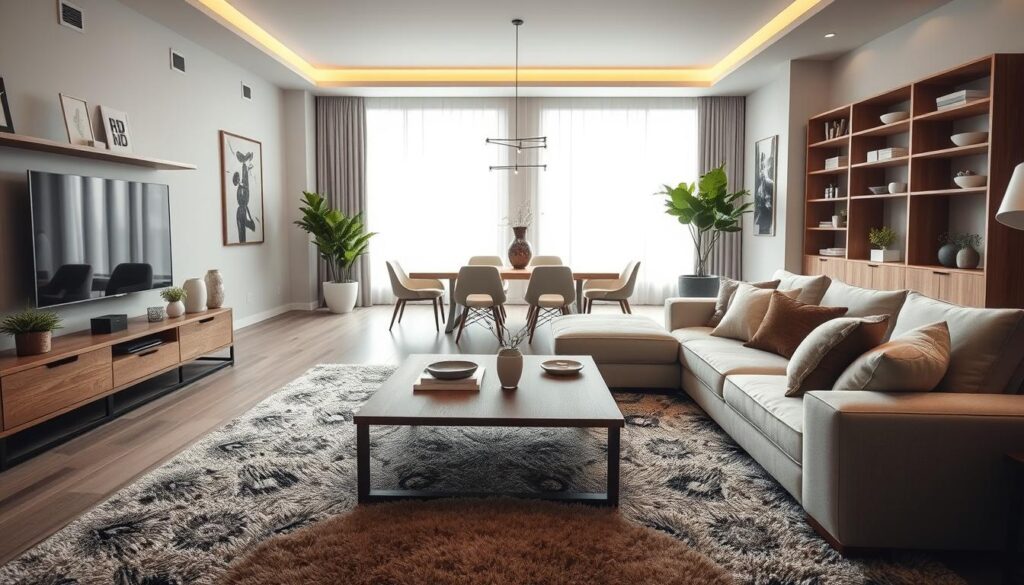 A modern, stylish interior showcasing a beautifully designed living room featuring custom-built furniture. In the foreground, a sleek wooden coffee table sits upon a plush area rug, surrounded by a sectional sofa adorned with soft cushions. A large entertainment center with integrated shelving displays decorative items and plants, emphasizing functionality. In the middle, a carefully arranged dining area highlights a contemporary table with elegant chairs, all made of high-quality materials, demonstrating space efficiency. The background features large windows letting in natural light, illuminating the room with a warm glow. The atmosphere is inviting and sophisticated, perfect for illustrating the benefits of planned furniture design. Capture this scene at eye level, with soft, diffused lighting to enhance the textures and colors of the furniture. A modern, stylish interior showcasing a beautifully designed living room featuring custom-built furniture. In the foreground, a sleek wooden coffee table sits upon a plush area rug, surrounded by a sectional sofa adorned with soft cushions. A large entertainment center with integrated shelving displays decorative items and plants, emphasizing functionality. In the middle, a carefully arranged dining area highlights a contemporary table with elegant chairs, all made of high-quality materials, demonstrating space efficiency. The background features large windows letting in natural light, illuminating the room with a warm glow. The atmosphere is inviting and sophisticated, perfect for illustrating the benefits of planned furniture design. Capture this scene at eye level, with soft, diffused lighting to enhance the textures and colors of the furniture.