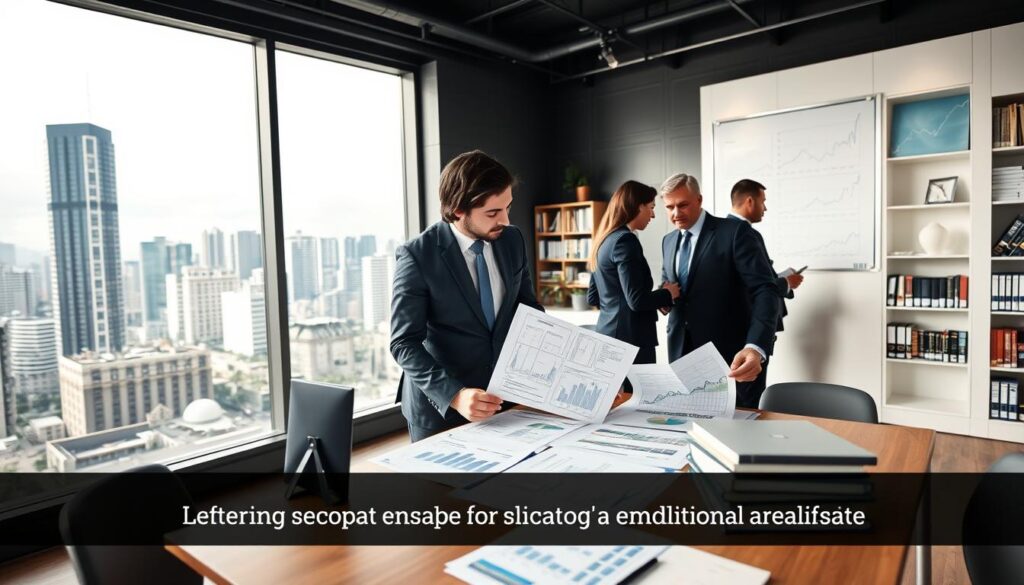 A modern, stylish office setting showcasing a diverse group of professionals discussing financial documents related to real estate financing. In the foreground, a man and a woman, dressed in smart business attire, are exchanging ideas while analyzing charts and financial plans on a table filled with paperwork. The middle ground features a large, panoramic window revealing a skyline of contemporary Brazilian architecture, symbolizing progress and opportunity. The background includes shelves filled with financial books and a subtle display of economic graphs on the walls. Soft, natural lighting filters through the window, creating an inviting atmosphere of collaboration and informed decision-making, with a focus on the concept of securing real estate financing without traditional employment verification. A modern, stylish office setting showcasing a diverse group of professionals discussing financial documents related to real estate financing. In the foreground, a man and a woman, dressed in smart business attire, are exchanging ideas while analyzing charts and financial plans on a table filled with paperwork. The middle ground features a large, panoramic window revealing a skyline of contemporary Brazilian architecture, symbolizing progress and opportunity. The background includes shelves filled with financial books and a subtle display of economic graphs on the walls. Soft, natural lighting filters through the window, creating an inviting atmosphere of collaboration and informed decision-making, with a focus on the concept of securing real estate financing without traditional employment verification.