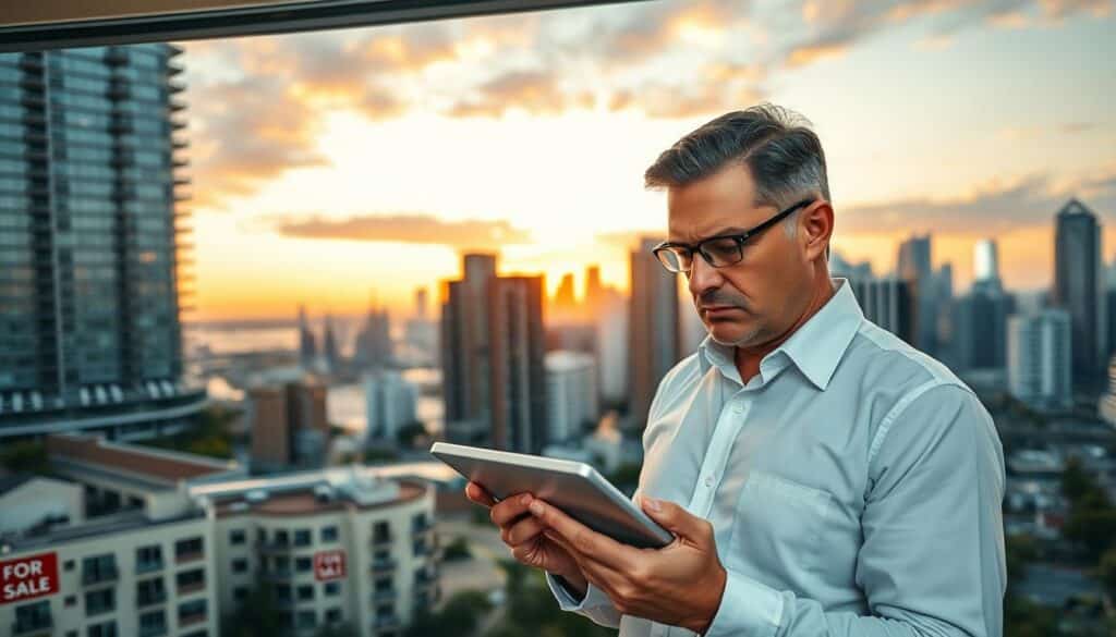 A modern, stylish urban apartment with a panoramic view of the city skyline, showcasing the contrast between a luxurious, high-rise building and an older, less appealing structure in the foreground. The foreground features a thoughtful real estate agent in professional attire, examining a property listing on a tablet, with a frown suggesting concern about pricing. In the middle ground, distinct real estate indicators such as 'For Sale' signs and property comparison charts can be seen, with subtle highlights indicating value discrepancies. The background should feature a vibrant sunset casting warm light across the city, creating a reflective yet tense atmosphere, as it suggests the urgency of identifying property value. Use a slightly elevated angle to capture the contrasting structures effectively. A modern, stylish urban apartment with a panoramic view of the city skyline, showcasing the contrast between a luxurious, high-rise building and an older, less appealing structure in the foreground. The foreground features a thoughtful real estate agent in professional attire, examining a property listing on a tablet, with a frown suggesting concern about pricing. In the middle ground, distinct real estate indicators such as 'For Sale' signs and property comparison charts can be seen, with subtle highlights indicating value discrepancies. The background should feature a vibrant sunset casting warm light across the city, creating a reflective yet tense atmosphere, as it suggests the urgency of identifying property value. Use a slightly elevated angle to capture the contrasting structures effectively.