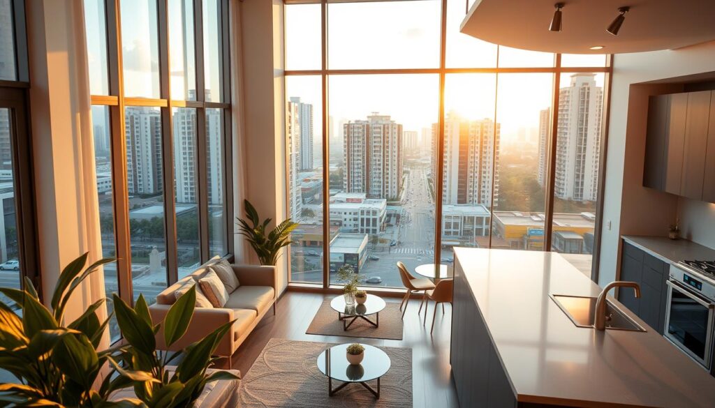 A modern urban apartment in Novo Centro Maringá during the golden hour, with warm sunlight streaming through large windows. In the foreground, a stylish living room featuring contemporary furniture and plants, offering an inviting atmosphere for potential buyers. The middle ground showcases a sleek kitchen with high-end appliances, emphasizing functionality and elegance. In the background, a bustling street view of Maringá with high-rise buildings and green parks, illustrating the vibrant community. The overall mood is optimistic and welcoming, highlighting the allure of city living. The scene is captured from a slightly elevated angle, providing a comprehensive perspective of the space, while soft, diffused lighting creates a cozy ambiance, perfect for enticing prospective apartment buyers. A modern urban apartment in Novo Centro Maringá during the golden hour, with warm sunlight streaming through large windows. In the foreground, a stylish living room featuring contemporary furniture and plants, offering an inviting atmosphere for potential buyers. The middle ground showcases a sleek kitchen with high-end appliances, emphasizing functionality and elegance. In the background, a bustling street view of Maringá with high-rise buildings and green parks, illustrating the vibrant community. The overall mood is optimistic and welcoming, highlighting the allure of city living. The scene is captured from a slightly elevated angle, providing a comprehensive perspective of the space, while soft, diffused lighting creates a cozy ambiance, perfect for enticing prospective apartment buyers.