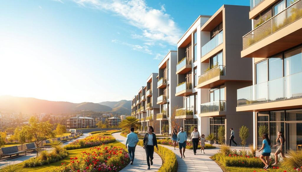 A modern urban landscape showcasing newly developed residential buildings in Maringá, Brazil. In the foreground, sleek, contemporary architecture with large glass windows and green terraces, surrounded by landscaped gardens with vibrant flowers and walking paths. The middle ground features families and professionals engaging in leisurely activities, all dressed in smart casual attire, reflecting a thriving community. In the background, gently rolling hills under a clear blue sky, with warm, golden sunlight casting a pleasant glow over the scene. The atmosphere is lively yet serene, capturing the essence of vibrant neighborhoods that are highly valued in today’s real estate market. The composition should use a wide-angle lens effect to emphasize the scale and beauty of this emerging area, highlighting its appeal and desirability. A modern urban landscape showcasing newly developed residential buildings in Maringá, Brazil. In the foreground, sleek, contemporary architecture with large glass windows and green terraces, surrounded by landscaped gardens with vibrant flowers and walking paths. The middle ground features families and professionals engaging in leisurely activities, all dressed in smart casual attire, reflecting a thriving community. In the background, gently rolling hills under a clear blue sky, with warm, golden sunlight casting a pleasant glow over the scene. The atmosphere is lively yet serene, capturing the essence of vibrant neighborhoods that are highly valued in today’s real estate market. The composition should use a wide-angle lens effect to emphasize the scale and beauty of this emerging area, highlighting its appeal and desirability.