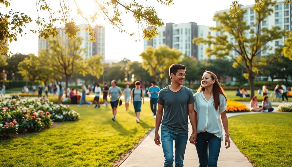 A modern urban park scene showcasing Jardim Aclimação in Maringá, focusing on a vibrant landscape filled with well-maintained greenery and blooming flowers. In the foreground, a young couple in casual attire strolls hand-in-hand on a paved path, smiling and enjoying each other's company. The couple's expressions reflect happiness and connection. In the middle ground, diverse groups of people engage in various activities, such as jogging and picnicking, symbolizing community life. The background features contemporary architecture of nearby buildings, framed with trees and the gentle sunlight filtering through leaves, creating a warm and inviting atmosphere. The image is captured from a slightly elevated angle, highlighting the dynamic interactions within the park, with soft natural lighting enhancing the serene environment. A modern urban park scene showcasing Jardim Aclimação in Maringá, focusing on a vibrant landscape filled with well-maintained greenery and blooming flowers. In the foreground, a young couple in casual attire strolls hand-in-hand on a paved path, smiling and enjoying each other's company. The couple's expressions reflect happiness and connection. In the middle ground, diverse groups of people engage in various activities, such as jogging and picnicking, symbolizing community life. The background features contemporary architecture of nearby buildings, framed with trees and the gentle sunlight filtering through leaves, creating a warm and inviting atmosphere. The image is captured from a slightly elevated angle, highlighting the dynamic interactions within the park, with soft natural lighting enhancing the serene environment.