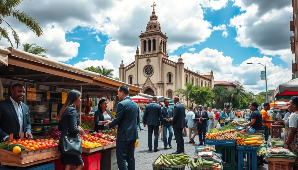 A modern urban scene of Maringá, Brazil, depicting the cost of living through a vibrant street market. In the foreground, a diverse group of professionals in smart business attire interacts with local vendors selling fresh produce and artisanal goods, highlighting a healthy lifestyle. In the middle ground, colorful stalls display prices on goods like fruits, vegetables, and traditional foods, symbolizing the budget aspects of everyday life. In the background, the iconic Maringá Cathedral stands tall against a cloudy, blue sky, reflecting the city's culture. The lighting is bright and welcoming, capturing a lively midday atmosphere. The image conveys a sense of community and economic activity, perfectly embodying the theme of living costs in Maringá. A modern urban scene of Maringá, Brazil, depicting the cost of living through a vibrant street market. In the foreground, a diverse group of professionals in smart business attire interacts with local vendors selling fresh produce and artisanal goods, highlighting a healthy lifestyle. In the middle ground, colorful stalls display prices on goods like fruits, vegetables, and traditional foods, symbolizing the budget aspects of everyday life. In the background, the iconic Maringá Cathedral stands tall against a cloudy, blue sky, reflecting the city's culture. The lighting is bright and welcoming, capturing a lively midday atmosphere. The image conveys a sense of community and economic activity, perfectly embodying the theme of living costs in Maringá.