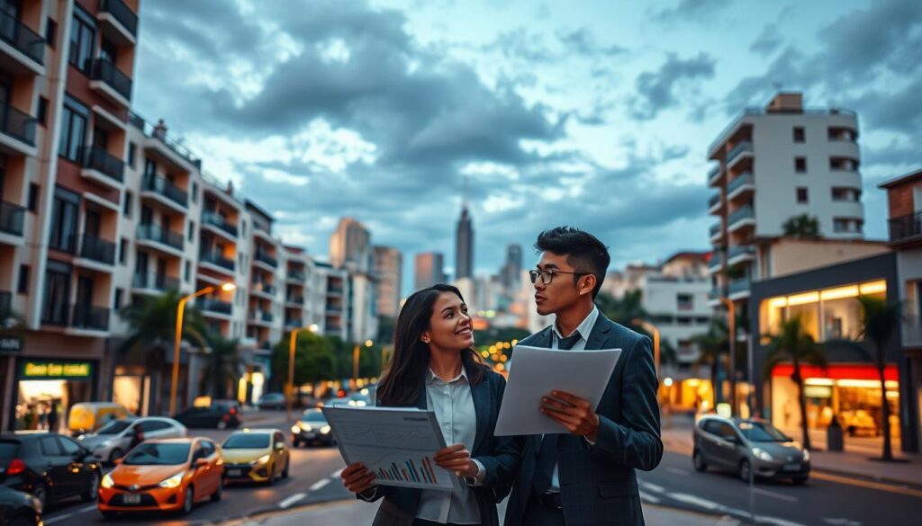 A modern urban setting in Brazil depicted during twilight, showcasing a busy street scene with a mix of residential buildings and commercial properties. In the foreground, a thoughtful young couple dressed in professional attire is discussing housing options, holding financial documents and a tablet filled with graphs illustrating interest rates and the Selic. The middle ground features a real estate office with an inviting display of homes for sale, highlighting the current market trends. In the background, a skyline reflects a blend of traditional and contemporary architecture, with a slightly cloudy sky suggesting a hint of uncertainty in the economic atmosphere. Warm, ambient lighting enhances a mood of contemplation and potential. The angle is slightly elevated, capturing the depth of the scene while maintaining focus on the couple's expressions and their interaction with the housing market. A modern urban setting in Brazil depicted during twilight, showcasing a busy street scene with a mix of residential buildings and commercial properties. In the foreground, a thoughtful young couple dressed in professional attire is discussing housing options, holding financial documents and a tablet filled with graphs illustrating interest rates and the Selic. The middle ground features a real estate office with an inviting display of homes for sale, highlighting the current market trends. In the background, a skyline reflects a blend of traditional and contemporary architecture, with a slightly cloudy sky suggesting a hint of uncertainty in the economic atmosphere. Warm, ambient lighting enhances a mood of contemplation and potential. The angle is slightly elevated, capturing the depth of the scene while maintaining focus on the couple's expressions and their interaction with the housing market.