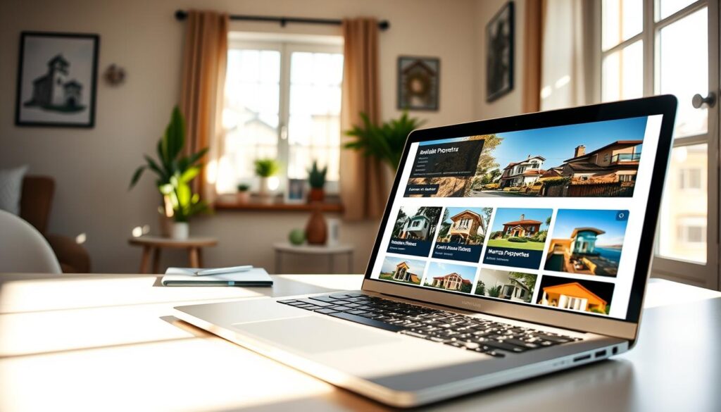 A modern, user-friendly website interface displaying listings of available properties for sale and rent in Maringá, Brazil. In the foreground, highlight a sleek laptop opened to the listings page, featuring high-resolution images of homes with vibrant colors and clear details. The middle section shows a small, stylish workspace decorated with plants and stationery, creating a welcoming atmosphere. In the background, a sunny window allows warm natural light to illuminate the scene, projecting soft shadows. The mood is optimistic and inviting, encouraging viewers to explore real estate opportunities. Capture this scene from a slightly elevated angle, emphasizing the laptop’s screen while providing a cozy, professional workspace ambiance. A modern, user-friendly website interface displaying listings of available properties for sale and rent in Maringá, Brazil. In the foreground, highlight a sleek laptop opened to the listings page, featuring high-resolution images of homes with vibrant colors and clear details. The middle section shows a small, stylish workspace decorated with plants and stationery, creating a welcoming atmosphere. In the background, a sunny window allows warm natural light to illuminate the scene, projecting soft shadows. The mood is optimistic and inviting, encouraging viewers to explore real estate opportunities. Capture this scene from a slightly elevated angle, emphasizing the laptop’s screen while providing a cozy, professional workspace ambiance.