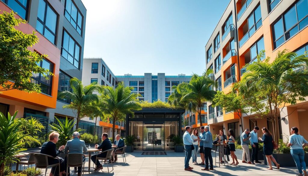 A modern, well-designed apartment building near the UEM campus in Maringá, showcasing a vibrant exterior with large windows and lush green landscaping. In the foreground, a small outdoor café with patrons enjoying their coffee, dressed in professional business attire and casual clothing, interacting in a friendly atmosphere. The middle ground features a stylish entrance to the building, with a welcoming lobby visible through glass doors. In the background, the iconic UEM campus architecture subtly blends with the skyline, under a clear blue sky. The scene is bathed in soft, natural sunlight, enhancing the warm and inviting mood of the neighborhood. Angle the view slightly upwards to create depth and emphasize the modernity of the apartments. A modern, well-designed apartment building near the UEM campus in Maringá, showcasing a vibrant exterior with large windows and lush green landscaping. In the foreground, a small outdoor café with patrons enjoying their coffee, dressed in professional business attire and casual clothing, interacting in a friendly atmosphere. The middle ground features a stylish entrance to the building, with a welcoming lobby visible through glass doors. In the background, the iconic UEM campus architecture subtly blends with the skyline, under a clear blue sky. The scene is bathed in soft, natural sunlight, enhancing the warm and inviting mood of the neighborhood. Angle the view slightly upwards to create depth and emphasize the modernity of the apartments.
