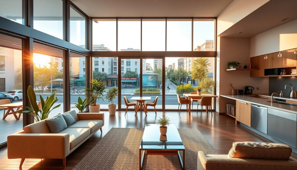 A modern, well-located apartment in Maringá, Brazil, is depicted in a bright, welcoming style. In the foreground, a spacious living room features contemporary furniture: a sleek sofa, a stylish coffee table, and vibrant decorative plants. Large windows allow natural sunlight to stream in, highlighting the warm wood accents and neutral color palette. The middle ground showcases an open floor plan that connects to a chic kitchen with stainless steel appliances. In the background, the view through the windows reveals a bustling street lined with cafes and green spaces, typical of a vibrant urban setting. The scene is captured at golden hour, casting a soft, inviting glow throughout the apartment, creating a relaxed and appealing atmosphere for prospective renters. A modern, well-located apartment in Maringá, Brazil, is depicted in a bright, welcoming style. In the foreground, a spacious living room features contemporary furniture: a sleek sofa, a stylish coffee table, and vibrant decorative plants. Large windows allow natural sunlight to stream in, highlighting the warm wood accents and neutral color palette. The middle ground showcases an open floor plan that connects to a chic kitchen with stainless steel appliances. In the background, the view through the windows reveals a bustling street lined with cafes and green spaces, typical of a vibrant urban setting. The scene is captured at golden hour, casting a soft, inviting glow throughout the apartment, creating a relaxed and appealing atmosphere for prospective renters.