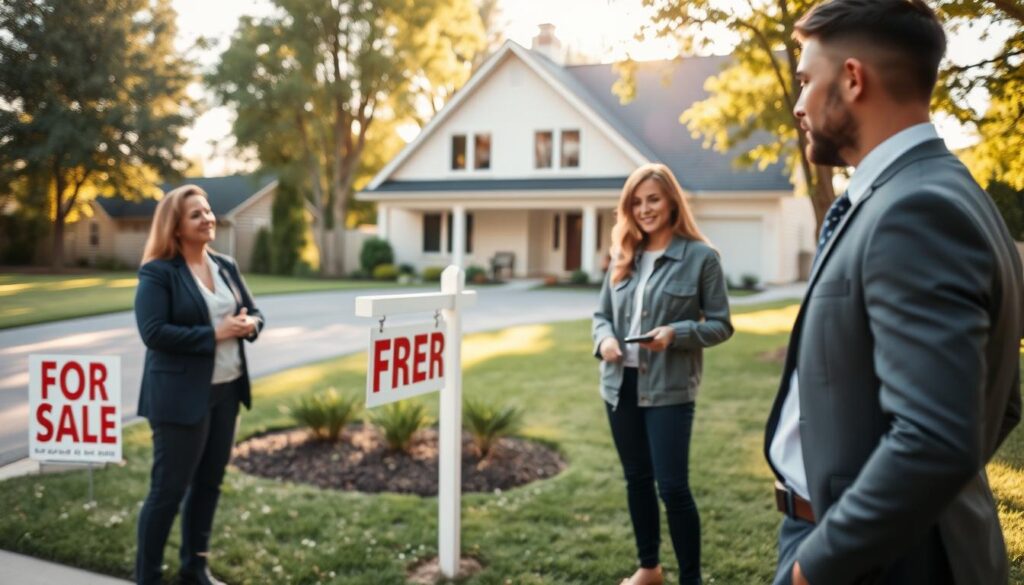 A modern, well-maintained residential property, showcasing a clear "For Sale" sign in the front yard. In the foreground, a professional-looking real estate agent, dressed in modest business attire, is discussing details with a couple, who appear engaged and attentive. The middle ground features a well-manicured lawn and a driveway leading to a beautifully designed house, emphasizing its appeal. In the background, soft sunlight filters through the trees, creating a warm and inviting atmosphere. The scene should encapsulate a sense of trust and professionalism, with gentle, natural lighting that enhances the details of the property and the expressions of the people involved. Capture this moment with a slight depth-of-field effect to emphasize the foreground interaction. A modern, well-maintained residential property, showcasing a clear "For Sale" sign in the front yard. In the foreground, a professional-looking real estate agent, dressed in modest business attire, is discussing details with a couple, who appear engaged and attentive. The middle ground features a well-manicured lawn and a driveway leading to a beautifully designed house, emphasizing its appeal. In the background, soft sunlight filters through the trees, creating a warm and inviting atmosphere. The scene should encapsulate a sense of trust and professionalism, with gentle, natural lighting that enhances the details of the property and the expressions of the people involved. Capture this moment with a slight depth-of-field effect to emphasize the foreground interaction.