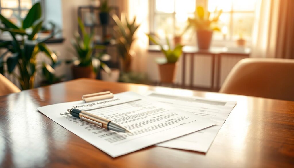 A neatly arranged set of documents for real estate financing, prominently featuring a mortgage application form, proof of income statements, and identification papers. The scene is set on a polished wooden desk, with a stylish pen resting next to the documents. In the background, a soft-focus view of a cozy office space with plants and a large window allowing warm, natural light to fill the room. The lighting enhances the professionalism of the setting, casting gentle shadows. Use a shallow depth of field to bring the documents into sharp focus while softly blurring the background. The overall mood is organized and inviting, reflecting a sense of trust and clarity in the financing process. A neatly arranged set of documents for real estate financing, prominently featuring a mortgage application form, proof of income statements, and identification papers. The scene is set on a polished wooden desk, with a stylish pen resting next to the documents. In the background, a soft-focus view of a cozy office space with plants and a large window allowing warm, natural light to fill the room. The lighting enhances the professionalism of the setting, casting gentle shadows. Use a shallow depth of field to bring the documents into sharp focus while softly blurring the background. The overall mood is organized and inviting, reflecting a sense of trust and clarity in the financing process.