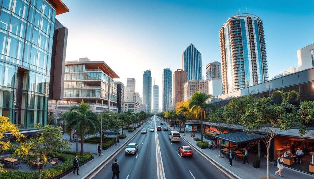 A panoramic view of Avenida Gastão Vidigal, showcasing the dynamic, vertical growth of the area. In the foreground, include modern buildings with innovative architectural designs, their glass facades reflecting sunlight, surrounded by vibrant greenery. The middle ground should depict bustling streets with professional individuals in business attire, engaged in daily activities, while contemporary cafes and retail spaces line the sidewalks. In the background, towering skyscrapers rise against a clear blue sky, symbolizing urban development and progress. Soft, warm sunlight casts an inviting glow over the scene, enhancing the sense of a thriving metropolitan atmosphere. Aim for a wide-angle perspective to capture the full scope of the avenue's vitality and modernity, evoking a sense of optimism and growth. A panoramic view of Avenida Gastão Vidigal, showcasing the dynamic, vertical growth of the area. In the foreground, include modern buildings with innovative architectural designs, their glass facades reflecting sunlight, surrounded by vibrant greenery. The middle ground should depict bustling streets with professional individuals in business attire, engaged in daily activities, while contemporary cafes and retail spaces line the sidewalks. In the background, towering skyscrapers rise against a clear blue sky, symbolizing urban development and progress. Soft, warm sunlight casts an inviting glow over the scene, enhancing the sense of a thriving metropolitan atmosphere. Aim for a wide-angle perspective to capture the full scope of the avenue's vitality and modernity, evoking a sense of optimism and growth.