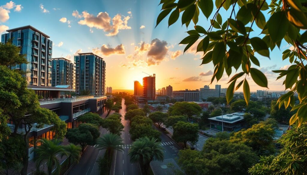 A panoramic view of Bairro Alto Padrão in Maringá, showcasing a vibrant urban landscape with modern high-rise buildings and lush green spaces. In the foreground, elegant tree-lined streets adorned with contemporary cafes and boutique shops create a lively atmosphere. The middle ground features impressive architectural details of residential towers and business complexes, reflecting the city’s upscale development. In the background, a stunning sunset casts warm, golden light over the skyline, accentuating the elegant glass facades of the buildings, with scattered clouds enhancing the sky’s beauty. The overall mood is one of sophistication and progress, capturing the essence of high-end urban living in Maringá. A gentle breeze hinted in the leaves adds to the serene yet dynamic ambiance. A panoramic view of Bairro Alto Padrão in Maringá, showcasing a vibrant urban landscape with modern high-rise buildings and lush green spaces. In the foreground, elegant tree-lined streets adorned with contemporary cafes and boutique shops create a lively atmosphere. The middle ground features impressive architectural details of residential towers and business complexes, reflecting the city’s upscale development. In the background, a stunning sunset casts warm, golden light over the skyline, accentuating the elegant glass facades of the buildings, with scattered clouds enhancing the sky’s beauty. The overall mood is one of sophistication and progress, capturing the essence of high-end urban living in Maringá. A gentle breeze hinted in the leaves adds to the serene yet dynamic ambiance.