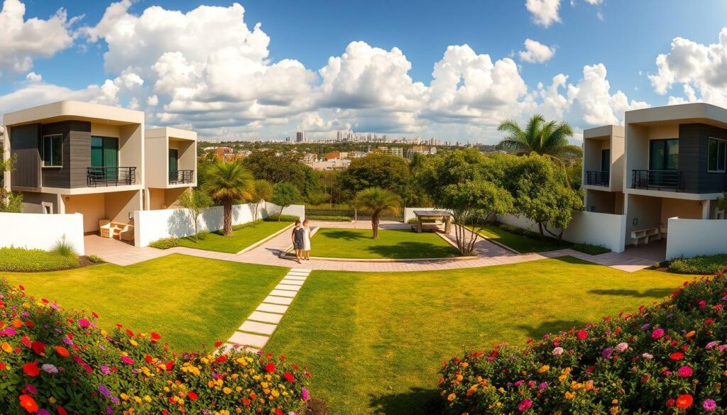 A panoramic view of Jardim Alvorada in Maringá, showcasing its lush greenery and well-maintained gardens. In the foreground, a pathway lined with colorful flowers leads towards modern twin houses, designed with contemporary architecture. The middle section features a small park area with neatly trimmed lawns and native trees, where a few people are enjoying leisure time in modest casual attire, adding life to the scene. In the background, you can see the skyline of Maringá with its distinctive buildings under a bright blue sky with fluffy white clouds, conveying a sense of tranquility and community. The lighting is warm and inviting, capturing the essence of a sunny day in a vibrant neighborhood. Use a wide-angle lens to emphasize the spaciousness and harmony of the setting. A panoramic view of Jardim Alvorada in Maringá, showcasing its lush greenery and well-maintained gardens. In the foreground, a pathway lined with colorful flowers leads towards modern twin houses, designed with contemporary architecture. The middle section features a small park area with neatly trimmed lawns and native trees, where a few people are enjoying leisure time in modest casual attire, adding life to the scene. In the background, you can see the skyline of Maringá with its distinctive buildings under a bright blue sky with fluffy white clouds, conveying a sense of tranquility and community. The lighting is warm and inviting, capturing the essence of a sunny day in a vibrant neighborhood. Use a wide-angle lens to emphasize the spaciousness and harmony of the setting.