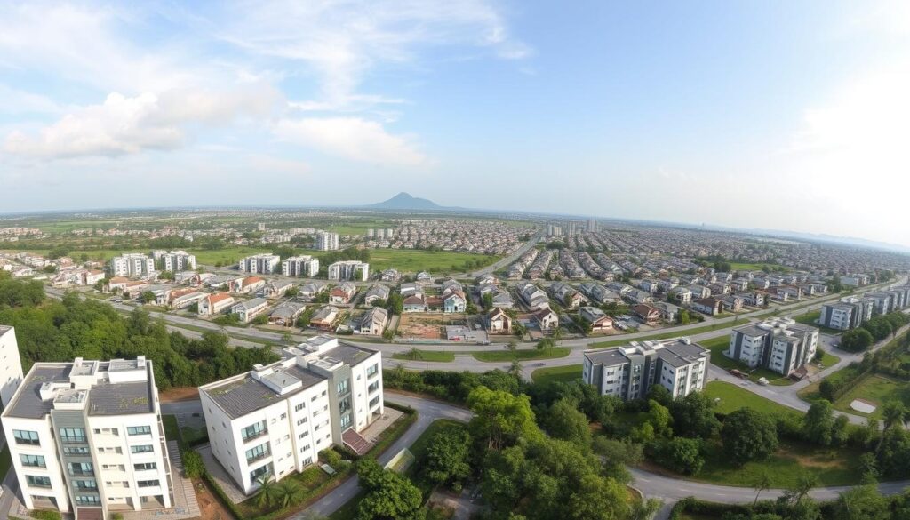 A panoramic view of Mandaguaçu, showcasing a vibrant real estate landscape with sprawling new developments and lotamentos. In the foreground, modern residential buildings with lush greenery and gardens, highlighting fresh construction. In the middle ground, various residential lots and housing projects spread out, with a mix of single-family homes and small apartment complexes, reflecting diversity in architecture. The background features a clear, sunny sky with soft clouds, lending brightness to the scene. Use a wide-angle lens perspective to capture the breadth of the area, emphasizing the openness and potential of Mandaguaçu's real estate market. The mood is optimistic and inviting, symbolizing growth and opportunity in the community. Ensure the image is devoid of any text or markings. A panoramic view of Mandaguaçu, showcasing a vibrant real estate landscape with sprawling new developments and lotamentos. In the foreground, modern residential buildings with lush greenery and gardens, highlighting fresh construction. In the middle ground, various residential lots and housing projects spread out, with a mix of single-family homes and small apartment complexes, reflecting diversity in architecture. The background features a clear, sunny sky with soft clouds, lending brightness to the scene. Use a wide-angle lens perspective to capture the breadth of the area, emphasizing the openness and potential of Mandaguaçu's real estate market. The mood is optimistic and inviting, symbolizing growth and opportunity in the community. Ensure the image is devoid of any text or markings.