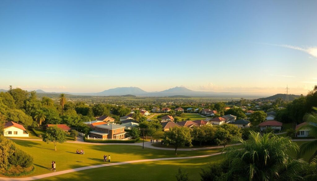 A panoramic view of Mandaguari, PR, featuring tranquil residential neighborhoods surrounded by lush greenery. In the foreground, a peaceful park with gentle pathways and families enjoying leisure time. In the middle ground, rows of picturesque houses with colorful facades, trees lining the streets, and a glimpse of friendly neighbors chatting. The background showcases rolling hills and distant mountains under a clear blue sky, giving a sense of open space. The warm golden sunlight bathes the scene, creating a serene atmosphere that emphasizes relaxation and a laid-back lifestyle. The image should be captured from a slightly elevated angle to provide depth and context, evoking a sense of peace and community in Mandaguari. A panoramic view of Mandaguari, PR, featuring tranquil residential neighborhoods surrounded by lush greenery. In the foreground, a peaceful park with gentle pathways and families enjoying leisure time. In the middle ground, rows of picturesque houses with colorful facades, trees lining the streets, and a glimpse of friendly neighbors chatting. The background showcases rolling hills and distant mountains under a clear blue sky, giving a sense of open space. The warm golden sunlight bathes the scene, creating a serene atmosphere that emphasizes relaxation and a laid-back lifestyle. The image should be captured from a slightly elevated angle to provide depth and context, evoking a sense of peace and community in Mandaguari.