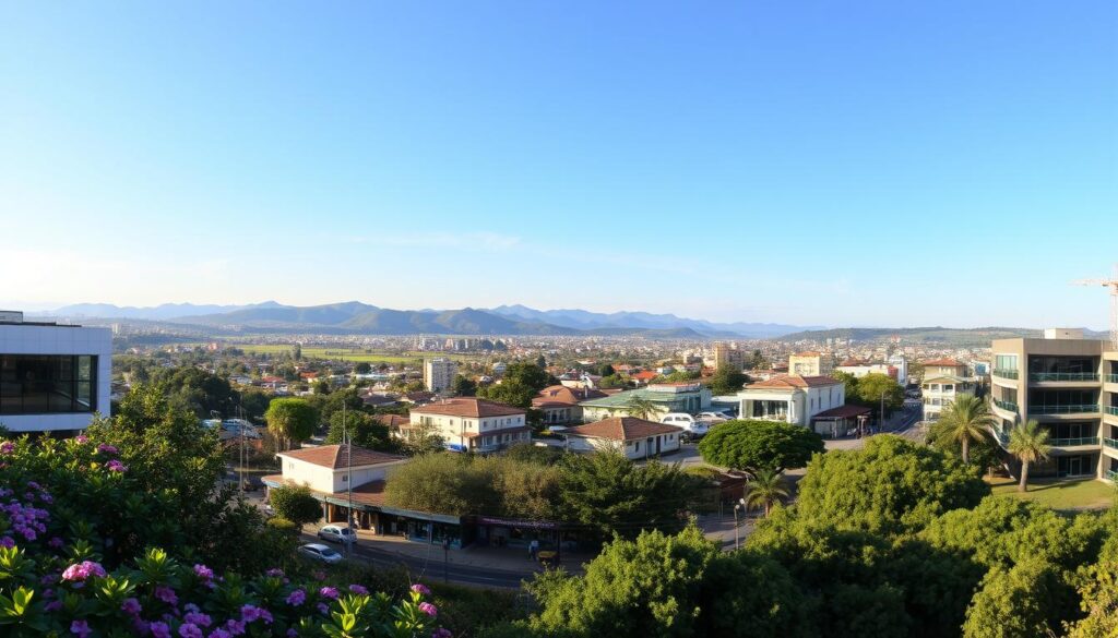 A panoramic view of Mandaguari, Paraná, showcasing the vibrant growth of the city. In the foreground, lush greenery and blooming flowers contrast with modern buildings and well-maintained streets, reflecting the harmony between nature and urban development. The middle ground features houses and small businesses, hinting at the friendly, community atmosphere of the area. In the background, the rolling hills of the region rise gently against a clear blue sky, with soft, warm sunlight illuminating the scene. Capture this landscape from a slightly elevated angle to emphasize depth and breadth. The mood is optimistic and bustling, highlighting the city's evolution and potential. The image should be bright and inviting, free of any text or human figures, focusing solely on the scenic beauty of Mandaguari. A panoramic view of Mandaguari, Paraná, showcasing the vibrant growth of the city. In the foreground, lush greenery and blooming flowers contrast with modern buildings and well-maintained streets, reflecting the harmony between nature and urban development. The middle ground features houses and small businesses, hinting at the friendly, community atmosphere of the area. In the background, the rolling hills of the region rise gently against a clear blue sky, with soft, warm sunlight illuminating the scene. Capture this landscape from a slightly elevated angle to emphasize depth and breadth. The mood is optimistic and bustling, highlighting the city's evolution and potential. The image should be bright and inviting, free of any text or human figures, focusing solely on the scenic beauty of Mandaguari.