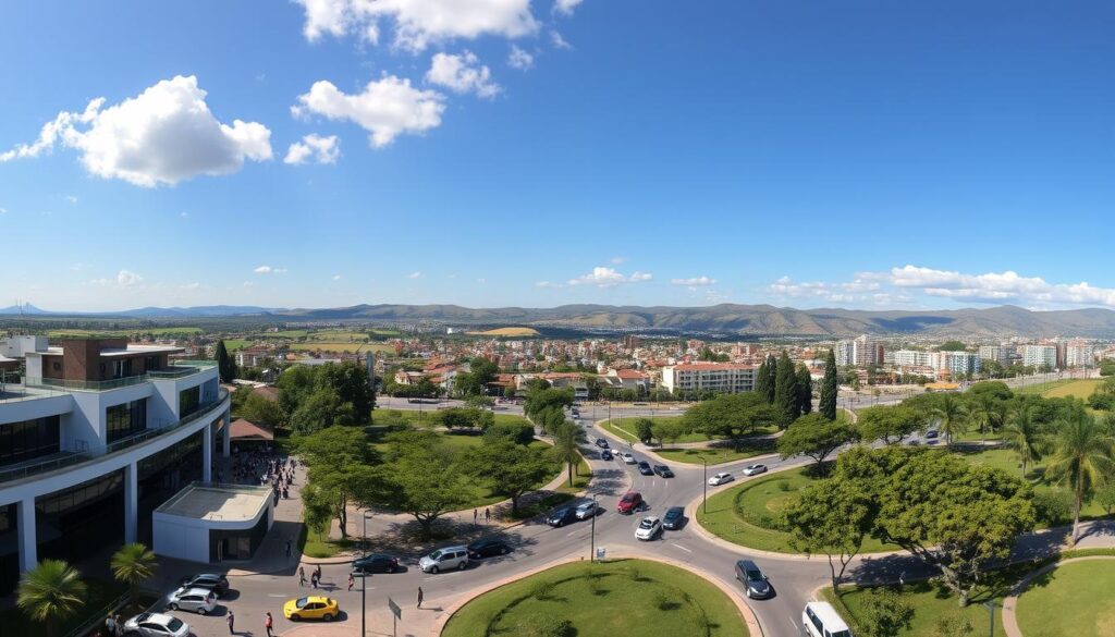 A panoramic view of Marialva, Paraná, showcasing the city's vibrant atmosphere and growth. In the foreground, capture modern buildings and green parks where families gather, depicting a sense of community. The middle ground features bustling streets with stylish vehicles and pedestrians in smart casual attire, reflecting both urban life and leisure. In the background, rolling hills and farmland signify the city's expansion into nature, under a bright blue sky with fluffy clouds hinting at a sunny day. Utilize warm, natural lighting to evoke a welcoming mood, shot from a slightly elevated angle to encompass the spread of the city, illustrating its development and charm effectively. A panoramic view of Marialva, Paraná, showcasing the city's vibrant atmosphere and growth. In the foreground, capture modern buildings and green parks where families gather, depicting a sense of community. The middle ground features bustling streets with stylish vehicles and pedestrians in smart casual attire, reflecting both urban life and leisure. In the background, rolling hills and farmland signify the city's expansion into nature, under a bright blue sky with fluffy clouds hinting at a sunny day. Utilize warm, natural lighting to evoke a welcoming mood, shot from a slightly elevated angle to encompass the spread of the city, illustrating its development and charm effectively.
