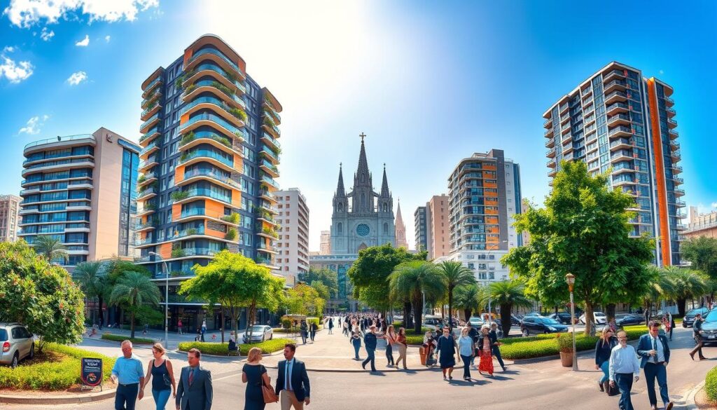 A panoramic view of Maringá, Brazil, showcasing a blend of modern high-rise apartments and lush greenery. In the foreground, include vibrant urban streets with people in professional business attire, walking and interacting. The middle ground features contemporary apartment buildings with balconies, vibrant facades, and greenery, giving a sense of community. The background captures the iconic Maringá Cathedral, with a clear blue sky and soft, golden sunlight enhancing the scene. Use a wide-angle perspective to emphasize the cityscape and create depth. The atmosphere is lively and optimistic, reflecting a thriving rental market, with emphasis on the blend of urban living and natural surroundings. A panoramic view of Maringá, Brazil, showcasing a blend of modern high-rise apartments and lush greenery. In the foreground, include vibrant urban streets with people in professional business attire, walking and interacting. The middle ground features contemporary apartment buildings with balconies, vibrant facades, and greenery, giving a sense of community. The background captures the iconic Maringá Cathedral, with a clear blue sky and soft, golden sunlight enhancing the scene. Use a wide-angle perspective to emphasize the cityscape and create depth. The atmosphere is lively and optimistic, reflecting a thriving rental market, with emphasis on the blend of urban living and natural surroundings.