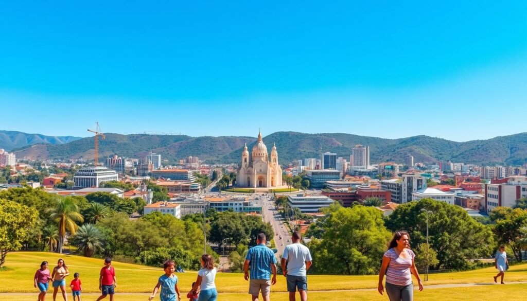 A panoramic view of Maringá, Brazil, showcasing a vibrant urban landscape. In the foreground, families are seen enjoying a sunny day in a well-maintained park, with children playing and couples walking. The middle ground features a range of modern buildings, highlighted by the iconic Catedral de Maringá, a symbol of the city, surrounded by lush greenery. In the background, rolling hills frame the skyline under a clear blue sky with soft, warm sunlight illuminating the scene. The atmosphere is lively and welcoming, embodying the quality of life in Maringá. Capture this scene using a wide-angle lens to enhance the depth, ensuring a bright and cheerful mood, ideal for conveying the current living costs and quality of life for families in Maringá. A panoramic view of Maringá, Brazil, showcasing a vibrant urban landscape. In the foreground, families are seen enjoying a sunny day in a well-maintained park, with children playing and couples walking. The middle ground features a range of modern buildings, highlighted by the iconic Catedral de Maringá, a symbol of the city, surrounded by lush greenery. In the background, rolling hills frame the skyline under a clear blue sky with soft, warm sunlight illuminating the scene. The atmosphere is lively and welcoming, embodying the quality of life in Maringá. Capture this scene using a wide-angle lens to enhance the depth, ensuring a bright and cheerful mood, ideal for conveying the current living costs and quality of life for families in Maringá.