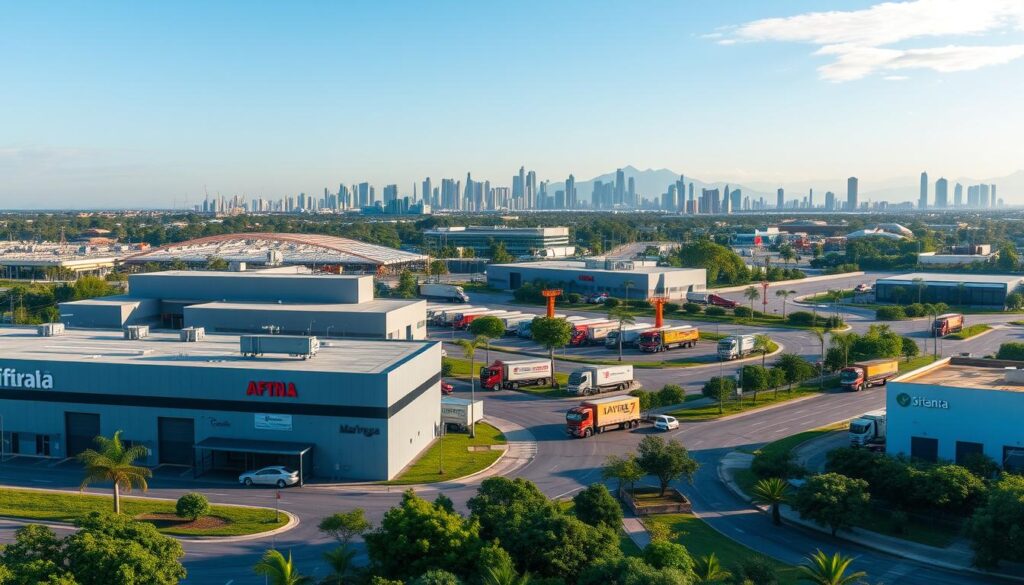 A panoramic view of Maringá, Brazil, showcasing its industrial landscape. In the foreground, include several modern industrial buildings with prominent signage, featuring companies in various sectors, surrounded by well-maintained green spaces. In the middle ground, depict a logistics hub with trucks and delivery vehicles, emphasizing efficient transportation networks. In the background, portray the skyline of Maringá, with its unique architecture and a clear blue sky. Use soft, natural lighting to create an inviting atmosphere, with a lens perspective capturing the bustling yet organized nature of the area. The overall mood should reflect growth and opportunity, highlighting the advantages of investing in industrial land in Maringá. A panoramic view of Maringá, Brazil, showcasing its industrial landscape. In the foreground, include several modern industrial buildings with prominent signage, featuring companies in various sectors, surrounded by well-maintained green spaces. In the middle ground, depict a logistics hub with trucks and delivery vehicles, emphasizing efficient transportation networks. In the background, portray the skyline of Maringá, with its unique architecture and a clear blue sky. Use soft, natural lighting to create an inviting atmosphere, with a lens perspective capturing the bustling yet organized nature of the area. The overall mood should reflect growth and opportunity, highlighting the advantages of investing in industrial land in Maringá.