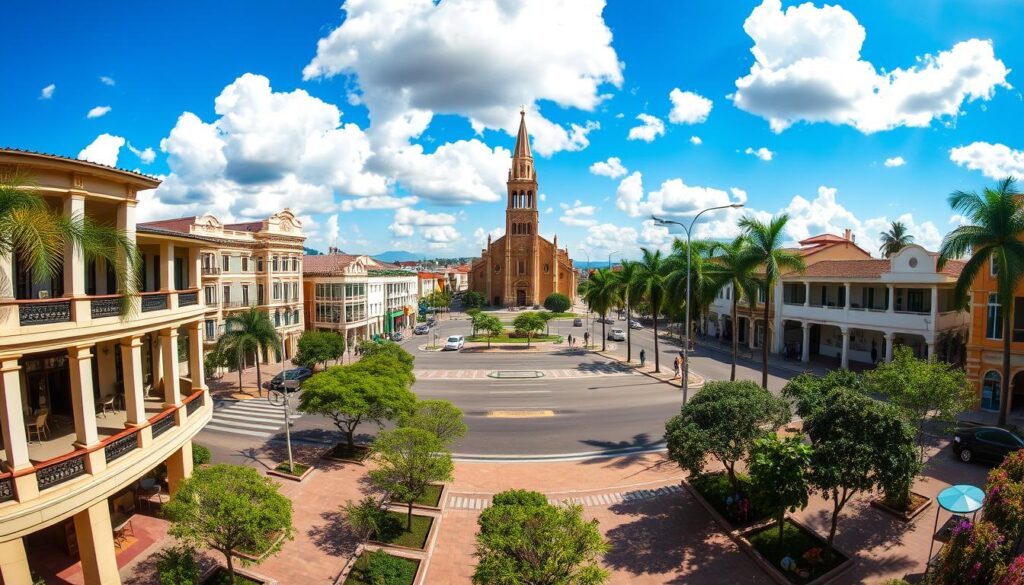 A panoramic view of Maringá, a planned city in Paraná, Brazil, showcasing its unique architecture and urban layout. In the foreground, elegant buildings with modern designs and well-maintained public spaces, including trees and flower beds. In the middle ground, broad avenues lined with palm trees and local cafes, reflecting a vibrant community atmosphere. The background features the iconic Cathedral of Maringá, its striking tower reaching into a bright blue sky with fluffy white clouds. Soft sunlight casts warm tones across the scene, creating a welcoming mood. Use a wide-angle lens perspective to capture the expansive layout of the city, emphasizing the harmonious blend of nature and urban planning. A panoramic view of Maringá, a planned city in Paraná, Brazil, showcasing its unique architecture and urban layout. In the foreground, elegant buildings with modern designs and well-maintained public spaces, including trees and flower beds. In the middle ground, broad avenues lined with palm trees and local cafes, reflecting a vibrant community atmosphere. The background features the iconic Cathedral of Maringá, its striking tower reaching into a bright blue sky with fluffy white clouds. Soft sunlight casts warm tones across the scene, creating a welcoming mood. Use a wide-angle lens perspective to capture the expansive layout of the city, emphasizing the harmonious blend of nature and urban planning.