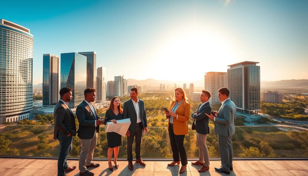 A panoramic view of Maringá in 2025, showcasing a vibrant urban landscape marked by modern skyscrapers and lush green parks, symbolizing economic growth and valorização. In the foreground, a diverse group of professionals in business attire engage in conversation, holding architectural plans and digital devices, illustrating collaboration and innovation. The middle ground features contemporary buildings with glass facades reflecting the bright sunlight, conveying progress and prosperity. The background displays rolling hills and a clear blue sky, enhancing the optimistic atmosphere. The scene is illuminated by warm afternoon light, lending a golden hue as the sun sets, creating a hopeful and dynamic mood. Capture this image with a wide-angle lens to emphasize the expansive cityscape and the sense of upward momentum in Maringá. A panoramic view of Maringá in 2025, showcasing a vibrant urban landscape marked by modern skyscrapers and lush green parks, symbolizing economic growth and valorização. In the foreground, a diverse group of professionals in business attire engage in conversation, holding architectural plans and digital devices, illustrating collaboration and innovation. The middle ground features contemporary buildings with glass facades reflecting the bright sunlight, conveying progress and prosperity. The background displays rolling hills and a clear blue sky, enhancing the optimistic atmosphere. The scene is illuminated by warm afternoon light, lending a golden hue as the sun sets, creating a hopeful and dynamic mood. Capture this image with a wide-angle lens to emphasize the expansive cityscape and the sense of upward momentum in Maringá.