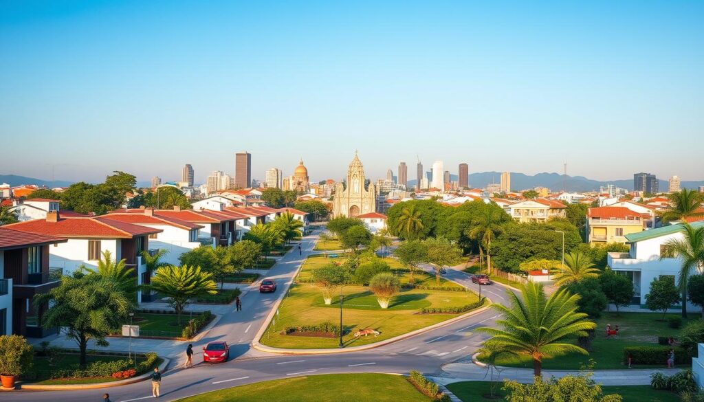 A panoramic view of Maringá's best neighborhoods, showcasing vibrant residential areas. In the foreground, depict well-maintained streets lined with modern houses and greenery, invoking a sense of community. In the middle ground, add parks with families enjoying leisure activities, people walking dogs, and kids playing. The background should feature iconic landmarks of Maringá, such as the Cathedral of Maringá, set against a clear blue sky. Use soft, warm lighting to create a welcoming atmosphere, with a slight golden hue suggesting a late afternoon sun. The angle should be slightly elevated, capturing both the liveliness of the neighborhoods and the beauty of the Maringá skyline. A panoramic view of Maringá's best neighborhoods, showcasing vibrant residential areas. In the foreground, depict well-maintained streets lined with modern houses and greenery, invoking a sense of community. In the middle ground, add parks with families enjoying leisure activities, people walking dogs, and kids playing. The background should feature iconic landmarks of Maringá, such as the Cathedral of Maringá, set against a clear blue sky. Use soft, warm lighting to create a welcoming atmosphere, with a slight golden hue suggesting a late afternoon sun. The angle should be slightly elevated, capturing both the liveliness of the neighborhoods and the beauty of the Maringá skyline.