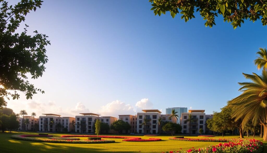 A panoramic view of Parque do Ingá in Maringá, showcasing its lush greenery and vibrant flora in the foreground. In the middle ground, capture elegant residential buildings with modern architecture, positioned to highlight their proximity to the park. In the background, a clear blue sky with soft, fluffy clouds creates a serene atmosphere. Soft, warm sunlight bathes the scene, casting gentle shadows and enhancing the colors of the park and buildings. The angle should be slightly elevated, giving a sense of depth while ensuring the park and buildings are clearly visible. The image conveys a sense of tranquility and exclusivity, perfect for illustrating the value of properties with park views in the context of urban living. A panoramic view of Parque do Ingá in Maringá, showcasing its lush greenery and vibrant flora in the foreground. In the middle ground, capture elegant residential buildings with modern architecture, positioned to highlight their proximity to the park. In the background, a clear blue sky with soft, fluffy clouds creates a serene atmosphere. Soft, warm sunlight bathes the scene, casting gentle shadows and enhancing the colors of the park and buildings. The angle should be slightly elevated, giving a sense of depth while ensuring the park and buildings are clearly visible. The image conveys a sense of tranquility and exclusivity, perfect for illustrating the value of properties with park views in the context of urban living.