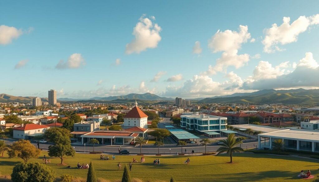 A panoramic view of Sarandi, PR, showcasing the city's vibrant landscape. In the foreground, include well-kept parks with families enjoying leisure activities and children playing. In the middle, depict modern residential buildings and small businesses bustling with activity, reflecting the local economy. The background should feature rolling hills and the blue sky, with soft, fluffy clouds. Capture the warm light of late afternoon, subtly casting shadows that enhance the depth of the scene. Use a wide-angle lens perspective to create an expansive feel, emphasizing the growth and opportunities in Sarandi. The overall mood should be welcoming and optimistic, illustrating the essence of living in this dynamic city. A panoramic view of Sarandi, PR, showcasing the city's vibrant landscape. In the foreground, include well-kept parks with families enjoying leisure activities and children playing. In the middle, depict modern residential buildings and small businesses bustling with activity, reflecting the local economy. The background should feature rolling hills and the blue sky, with soft, fluffy clouds. Capture the warm light of late afternoon, subtly casting shadows that enhance the depth of the scene. Use a wide-angle lens perspective to create an expansive feel, emphasizing the growth and opportunities in Sarandi. The overall mood should be welcoming and optimistic, illustrating the essence of living in this dynamic city.