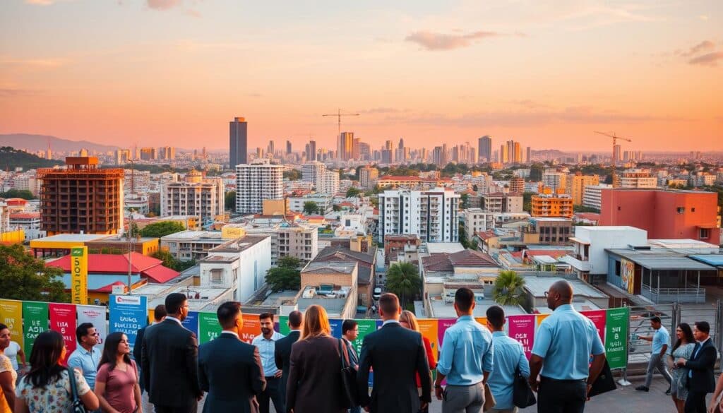 A panoramic view of a bustling real estate market in Brazil during the golden hour, showcasing a vibrant city skyline filled with modern and traditional architecture. In the foreground, a diverse group of professionals in business attire are discussing real estate options, surrounded by colorful banners advertising properties. The middle ground features various residential buildings and commercial spaces, some under construction, while buyers explore the area. The background presents a scenic skyline illuminated by the warm sunset, casting long shadows that create an inviting atmosphere. Soft, diffused lighting enhances the scene, focusing on the energy of the market and the excitement of property investment. The overall mood is optimistic and dynamic, reflecting the evolving nature of the real estate sector. A panoramic view of a bustling real estate market in Brazil during the golden hour, showcasing a vibrant city skyline filled with modern and traditional architecture. In the foreground, a diverse group of professionals in business attire are discussing real estate options, surrounded by colorful banners advertising properties. The middle ground features various residential buildings and commercial spaces, some under construction, while buyers explore the area. The background presents a scenic skyline illuminated by the warm sunset, casting long shadows that create an inviting atmosphere. Soft, diffused lighting enhances the scene, focusing on the energy of the market and the excitement of property investment. The overall mood is optimistic and dynamic, reflecting the evolving nature of the real estate sector.