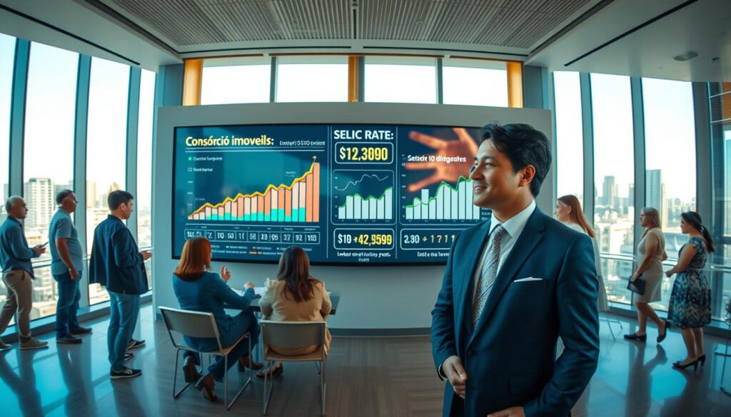 A panoramic view of a modern Brazilian real estate office, bustling with activity. In the foreground, an elegantly dressed financial advisor engages with a diverse group of clients discussing property investment options related to "consórcio imóveis." The middle ground features a large, interactive digital screen displaying graphs and statistics relevant to the current real estate market and interest rates, emphasizing the Selic rate's impact. The background showcases large windows revealing a vibrant city skyline, bathed in warm sunlight, creating an optimistic atmosphere. The scene is well-lit, capturing the professionalism and excitement surrounding real estate investments in Brazil. The angle is slightly elevated, providing a comprehensive view of the office environment without any text or distractions. A panoramic view of a modern Brazilian real estate office, bustling with activity. In the foreground, an elegantly dressed financial advisor engages with a diverse group of clients discussing property investment options related to "consórcio imóveis." The middle ground features a large, interactive digital screen displaying graphs and statistics relevant to the current real estate market and interest rates, emphasizing the Selic rate's impact. The background showcases large windows revealing a vibrant city skyline, bathed in warm sunlight, creating an optimistic atmosphere. The scene is well-lit, capturing the professionalism and excitement surrounding real estate investments in Brazil. The angle is slightly elevated, providing a comprehensive view of the office environment without any text or distractions.