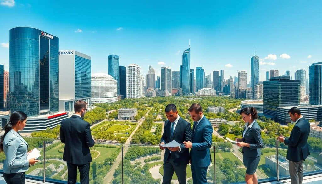 A panoramic view of a modern urban skyline in 2025 showcasing competing banks with towering glass buildings and logos prominently displayed. In the foreground, a diverse group of professionals in business attire, engaged in discussions and analyzing documents related to real estate financing, convey the atmosphere of a dynamic financial market. The middle ground features futuristic digital displays showing interest rates and financial graphs, symbolizing the competition for mortgage credit. In the background, a vibrant cityscape with green parks and modern infrastructure highlights economic growth and innovation. The lighting is bright and optimistic, reflecting a sunny day, with a clear blue sky. The overall mood conveys professionalism, ambition, and the exciting prospect of the real estate market in the near future. A panoramic view of a modern urban skyline in 2025 showcasing competing banks with towering glass buildings and logos prominently displayed. In the foreground, a diverse group of professionals in business attire, engaged in discussions and analyzing documents related to real estate financing, convey the atmosphere of a dynamic financial market. The middle ground features futuristic digital displays showing interest rates and financial graphs, symbolizing the competition for mortgage credit. In the background, a vibrant cityscape with green parks and modern infrastructure highlights economic growth and innovation. The lighting is bright and optimistic, reflecting a sunny day, with a clear blue sky. The overall mood conveys professionalism, ambition, and the exciting prospect of the real estate market in the near future.