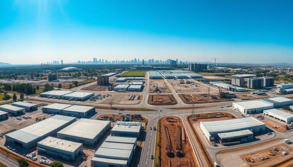 A panoramic view of industrial land in Maringá, showcasing vast plots ready for development. In the foreground, neatly arranged industrial zones feature modern warehouses, storage spaces, and machinery. The middle ground reveals multiple construction projects, cranes, and vehicles working on new sites. In the background, a city skyline is visible under a clear blue sky, with sunlight reflecting off glass buildings. The atmosphere is bustling yet organized, reflecting a thriving industrial market. The scene is captured with a wide-angle lens, emphasizing depth and perspective, with soft, natural lighting that highlights the landscape's details. No human figures are present, ensuring a focus on the industrial setting. A panoramic view of industrial land in Maringá, showcasing vast plots ready for development. In the foreground, neatly arranged industrial zones feature modern warehouses, storage spaces, and machinery. The middle ground reveals multiple construction projects, cranes, and vehicles working on new sites. In the background, a city skyline is visible under a clear blue sky, with sunlight reflecting off glass buildings. The atmosphere is bustling yet organized, reflecting a thriving industrial market. The scene is captured with a wide-angle lens, emphasizing depth and perspective, with soft, natural lighting that highlights the landscape's details. No human figures are present, ensuring a focus on the industrial setting.