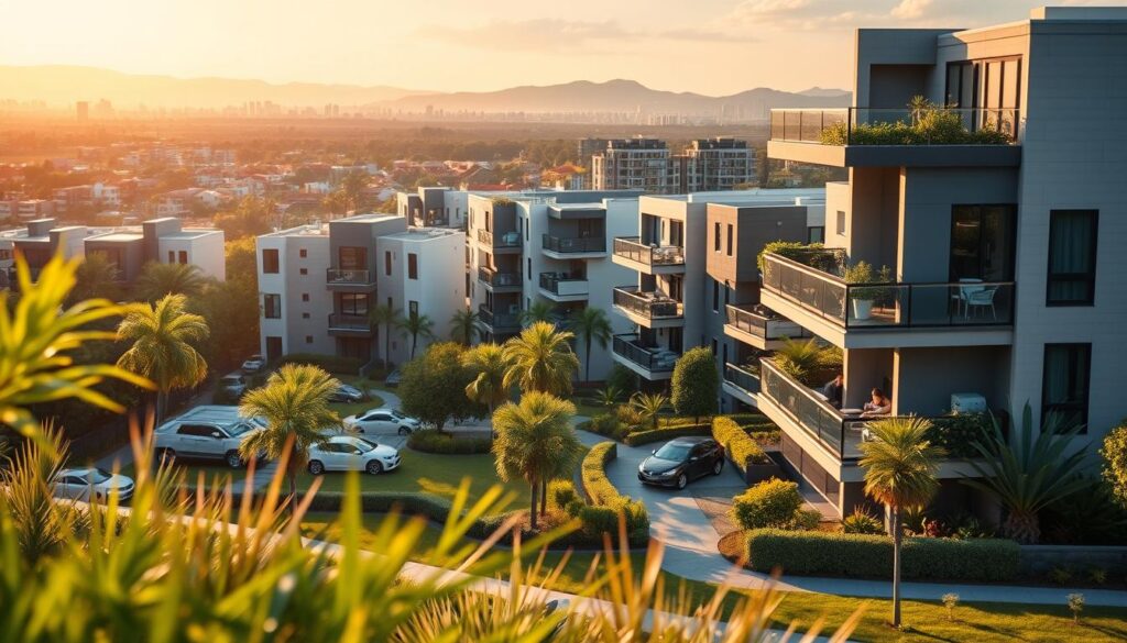 A panoramic view of modern residential properties in the Iguatemi district of Maringá, featuring a mix of contemporary condos and landscaped gardens. In the foreground, attractive greenery and well-manicured lawns enhance the inviting atmosphere. The middle ground showcases a cluster of stylish condominiums, their facades reflecting sunlight, with balconies adorned with plants and outdoor furniture. In the background, a soft blur of the city skyline and distant hills adds depth. The scene is bathed in warm, golden hour light, creating a serene and welcoming ambiance. The angle captures the essence of suburban living, highlighting the harmony between architecture and nature. The overall mood is tranquil and inviting, perfect for showcasing a lifestyle in this thriving area. A panoramic view of modern residential properties in the Iguatemi district of Maringá, featuring a mix of contemporary condos and landscaped gardens. In the foreground, attractive greenery and well-manicured lawns enhance the inviting atmosphere. The middle ground showcases a cluster of stylish condominiums, their facades reflecting sunlight, with balconies adorned with plants and outdoor furniture. In the background, a soft blur of the city skyline and distant hills adds depth. The scene is bathed in warm, golden hour light, creating a serene and welcoming ambiance. The angle captures the essence of suburban living, highlighting the harmony between architecture and nature. The overall mood is tranquil and inviting, perfect for showcasing a lifestyle in this thriving area.