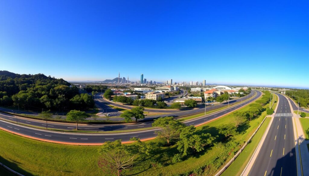 A panoramic view of the Contorno Sul road in Maringá, Brazil, showcasing a well-designed modern highway with lush greenery flanking both sides. In the foreground, a clean, organized roadway with gentle curves flowing through a picturesque landscape, featuring native trees and vibrant flowers. The middle ground highlights contextually relevant infrastructure, such as commercial buildings and residential areas, indicating urban growth and development. In the background, the iconic skyline of Maringá with its unique architecture under a clear blue sky, bathed in warm, soft sunlight creating a welcoming atmosphere. The image conveys a sense of progress and connectivity between cities, emphasizing the road's role in regional development. Use a wide-angle lens for an expansive view, ensuring balanced lighting and vibrant colors throughout. A panoramic view of the Contorno Sul road in Maringá, Brazil, showcasing a well-designed modern highway with lush greenery flanking both sides. In the foreground, a clean, organized roadway with gentle curves flowing through a picturesque landscape, featuring native trees and vibrant flowers. The middle ground highlights contextually relevant infrastructure, such as commercial buildings and residential areas, indicating urban growth and development. In the background, the iconic skyline of Maringá with its unique architecture under a clear blue sky, bathed in warm, soft sunlight creating a welcoming atmosphere. The image conveys a sense of progress and connectivity between cities, emphasizing the road's role in regional development. Use a wide-angle lens for an expansive view, ensuring balanced lighting and vibrant colors throughout.