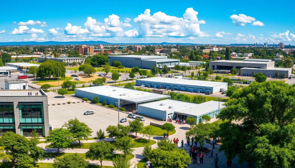 A panoramic view of the Floriano district in Maringá, showcasing a blend of modern industrial buildings and residential areas. In the foreground, depict well-maintained streets lined with trees, where a diverse group of professionals in business attire are engaged in conversation. The middle ground features contemporary industrial warehouses with large windows reflecting the sunlight. Include green spaces and parks that illustrate a harmonious living environment, with families enjoying leisurely activities. In the background, incorporate a clear blue sky with soft, fluffy clouds for a vibrant atmosphere. Use natural lighting to enhance the scene, shot from a slightly elevated angle to provide a comprehensive perspective of the district's layout and character. The overall mood should be optimistic and inviting, highlighting Floriano as a thriving community hub. A panoramic view of the Floriano district in Maringá, showcasing a blend of modern industrial buildings and residential areas. In the foreground, depict well-maintained streets lined with trees, where a diverse group of professionals in business attire are engaged in conversation. The middle ground features contemporary industrial warehouses with large windows reflecting the sunlight. Include green spaces and parks that illustrate a harmonious living environment, with families enjoying leisurely activities. In the background, incorporate a clear blue sky with soft, fluffy clouds for a vibrant atmosphere. Use natural lighting to enhance the scene, shot from a slightly elevated angle to provide a comprehensive perspective of the district's layout and character. The overall mood should be optimistic and inviting, highlighting Floriano as a thriving community hub.