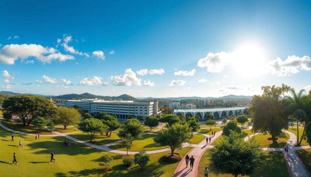 A panoramic view of the Paraná Hospital area in Maringá, showcasing a tranquil neighborhood focused on health and wellness. In the foreground, lush green parks with families enjoying their time, children playing, and people jogging along clean pathways. The middle ground features modern buildings, including the hospital, clinics, and wellness centers, all designed with contemporary architecture. In the background, soft hills framed by a bright blue sky with scattered clouds, imparting a peaceful atmosphere. The sunlight bathes the scene in warm, inviting tones, enhancing the sense of serenity. Capture this scene with a wide-angle lens, emphasizing the harmony between nature and urban life in a safe, vibrant community dedicated to health. A panoramic view of the Paraná Hospital area in Maringá, showcasing a tranquil neighborhood focused on health and wellness. In the foreground, lush green parks with families enjoying their time, children playing, and people jogging along clean pathways. The middle ground features modern buildings, including the hospital, clinics, and wellness centers, all designed with contemporary architecture. In the background, soft hills framed by a bright blue sky with scattered clouds, imparting a peaceful atmosphere. The sunlight bathes the scene in warm, inviting tones, enhancing the sense of serenity. Capture this scene with a wide-angle lens, emphasizing the harmony between nature and urban life in a safe, vibrant community dedicated to health.
