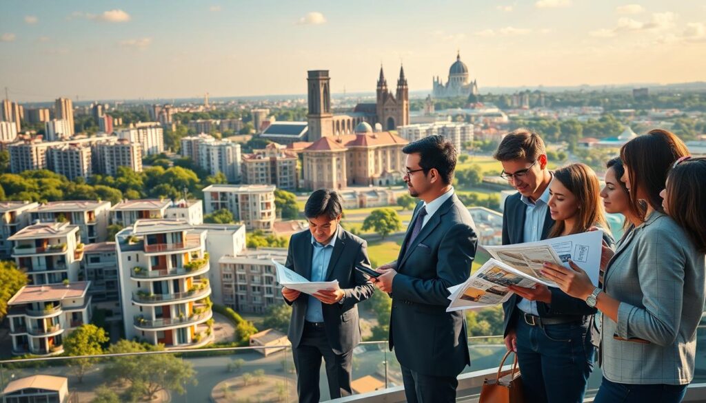 A panoramic view of the modern apartment market in Maringá, showcasing a vibrant cityscape filled with contemporary residential buildings. In the foreground, a diverse group of professionals, dressed in smart business attire, engage in discussions while examining architectural models and real estate brochures. The middle ground features newly constructed apartments with balconies adorned with greenery, reflecting the current housing trends. The background includes Maringá's distinct skyline, highlighted by the iconic Cathedral and lush parks. The lighting is warm and inviting, suggesting a sunny day, with a slight golden hour glow casting soft shadows. The scene captures a dynamic and optimistic atmosphere, emphasizing growth in the apartment financing market. A panoramic view of the modern apartment market in Maringá, showcasing a vibrant cityscape filled with contemporary residential buildings. In the foreground, a diverse group of professionals, dressed in smart business attire, engage in discussions while examining architectural models and real estate brochures. The middle ground features newly constructed apartments with balconies adorned with greenery, reflecting the current housing trends. The background includes Maringá's distinct skyline, highlighted by the iconic Cathedral and lush parks. The lighting is warm and inviting, suggesting a sunny day, with a slight golden hour glow casting soft shadows. The scene captures a dynamic and optimistic atmosphere, emphasizing growth in the apartment financing market.