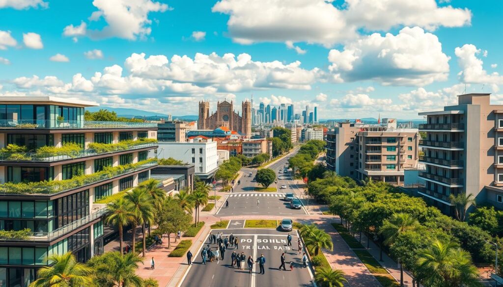 A panoramic view of the real estate market in Maringá, capturing the vibrant essence of the city. In the foreground, showcase modern residential buildings with contemporary architecture, emphasizing large glass windows and green spaces. In the middle ground, include bustling streets with pedestrians in professional business attire, engaging with local real estate agents. The background should feature iconic Maringá landmarks, such as the Cathedral and the skyline, under a bright blue sky adorned with soft white clouds. Use warm, natural lighting to evoke a positive and hopeful atmosphere, taken from an elevated angle to provide depth and context to the urban landscape, reflecting a thriving real estate market and expected growth in 2025. A panoramic view of the real estate market in Maringá, capturing the vibrant essence of the city. In the foreground, showcase modern residential buildings with contemporary architecture, emphasizing large glass windows and green spaces. In the middle ground, include bustling streets with pedestrians in professional business attire, engaging with local real estate agents. The background should feature iconic Maringá landmarks, such as the Cathedral and the skyline, under a bright blue sky adorned with soft white clouds. Use warm, natural lighting to evoke a positive and hopeful atmosphere, taken from an elevated angle to provide depth and context to the urban landscape, reflecting a thriving real estate market and expected growth in 2025.