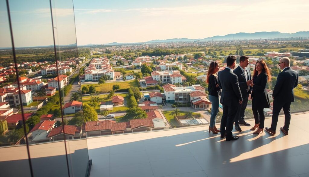 A panoramic view of the real estate market in Sarandi, Paraná. In the foreground, a modern real estate office with glass windows reflects the dynamic atmosphere. A diverse group of professionals in business attire engage in conversation, portraying a sense of collaboration. The middle ground features various residential buildings and commercial properties, showcasing a mix of traditional and contemporary architecture. Lush green parks and vibrant neighborhoods are evident, indicating a thriving community. In the background, distant hills under a bright blue sky add depth to the scene. Soft, natural lighting enhances the inviting mood, with a wide-angle perspective that captures the essence of the real estate landscape. The scene conveys optimism and growth in the housing market. A panoramic view of the real estate market in Sarandi, Paraná. In the foreground, a modern real estate office with glass windows reflects the dynamic atmosphere. A diverse group of professionals in business attire engage in conversation, portraying a sense of collaboration. The middle ground features various residential buildings and commercial properties, showcasing a mix of traditional and contemporary architecture. Lush green parks and vibrant neighborhoods are evident, indicating a thriving community. In the background, distant hills under a bright blue sky add depth to the scene. Soft, natural lighting enhances the inviting mood, with a wide-angle perspective that captures the essence of the real estate landscape. The scene conveys optimism and growth in the housing market.