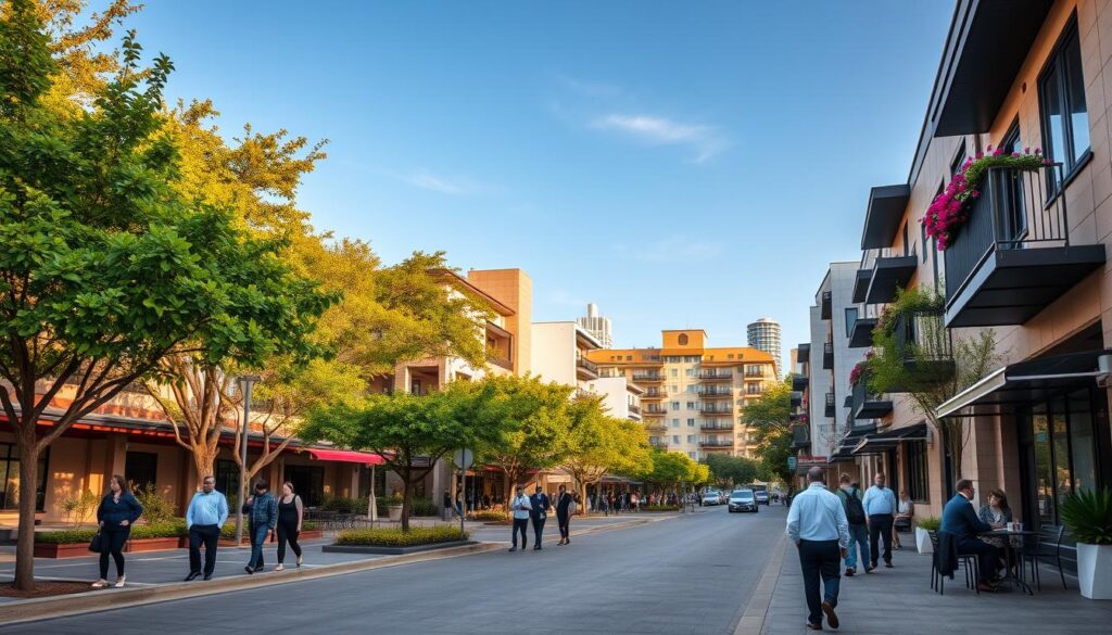 A panoramic view of the university area near UEM in Maringá, capturing an inviting street lined with modern kitnets, vibrant green trees, and bustling cafes. In the foreground, depict a well-maintained sidewalk with pedestrians, some in professional business attire and others casually dressed, engaging in daily activities. The middle ground should feature charming residential buildings with balconies adorned with flowers, reflecting a lively neighborhood atmosphere. In the background, showcase UEM's distinctive architecture under a clear blue sky, bathed in warm, natural light. The scene should evoke a sense of community, comfort, and accessibility, making it appealing to potential renters in the area. A slight depth of field effect can be applied to enhance focus on the foreground while softly blurring the distant buildings. As melhores Kitnets perto da UEM