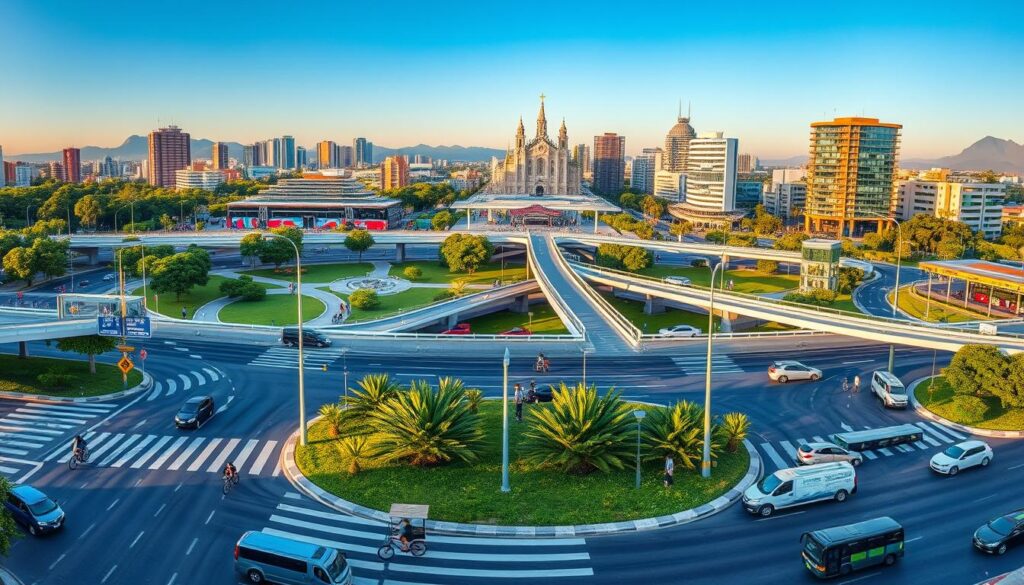 A panoramic view showcasing the "Contorno Sul" in Maringá, Brazil, highlighting its role in urban mobility. In the foreground, a busy intersection with modern vehicles, buses, and cyclists navigating through a well-planned transport hub. The middle ground features vibrant green spaces and pedestrian walkways, enhanced by sleek public transportation systems. The background includes the skyline of Maringá, with contemporary buildings and the iconic cathedral, set against a clear blue sky, illuminated by warm afternoon sunlight. The scene conveys a sense of dynamic urban life and forward-thinking infrastructure. Capture this from a slightly elevated angle to emphasize the flow and connectivity of the transportation network, ensuring a vibrant and optimistic atmosphere without any text or additional elements. A panoramic view showcasing the "Contorno Sul" in Maringá, Brazil, highlighting its role in urban mobility. In the foreground, a busy intersection with modern vehicles, buses, and cyclists navigating through a well-planned transport hub. The middle ground features vibrant green spaces and pedestrian walkways, enhanced by sleek public transportation systems. The background includes the skyline of Maringá, with contemporary buildings and the iconic cathedral, set against a clear blue sky, illuminated by warm afternoon sunlight. The scene conveys a sense of dynamic urban life and forward-thinking infrastructure. Capture this from a slightly elevated angle to emphasize the flow and connectivity of the transportation network, ensuring a vibrant and optimistic atmosphere without any text or additional elements.