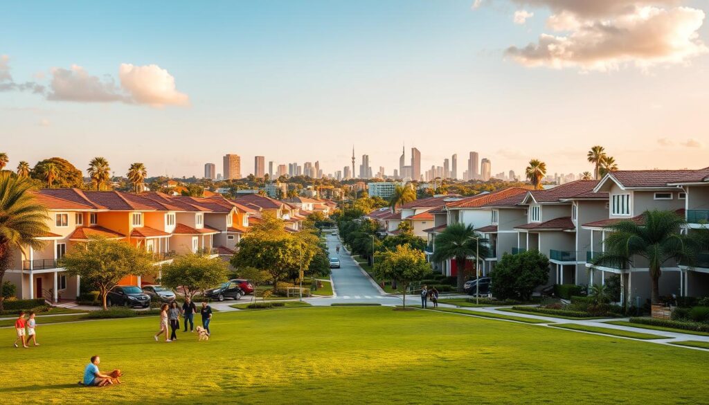 A peaceful neighborhood in Maringá, showcasing a variety of residential homes featuring modern design and lush greenery. In the foreground, a well-maintained park with families enjoying the day, children playing, and people walking dogs. The middle ground highlights charming residential streets lined with colorful houses, showcasing a mix of styles from traditional to contemporary. The background features the skyline of Maringá with its iconic structures, illuminated by warm, golden sunset lighting that gives a welcoming atmosphere. A wide-angle lens captures the expansive view, creating a sense of community and quality of life. The scene conveys tranquility and the essence of a desirable living environment, perfect for modern family life. A peaceful neighborhood in Maringá, showcasing a variety of residential homes featuring modern design and lush greenery. In the foreground, a well-maintained park with families enjoying the day, children playing, and people walking dogs. The middle ground highlights charming residential streets lined with colorful houses, showcasing a mix of styles from traditional to contemporary. The background features the skyline of Maringá with its iconic structures, illuminated by warm, golden sunset lighting that gives a welcoming atmosphere. A wide-angle lens captures the expansive view, creating a sense of community and quality of life. The scene conveys tranquility and the essence of a desirable living environment, perfect for modern family life.
