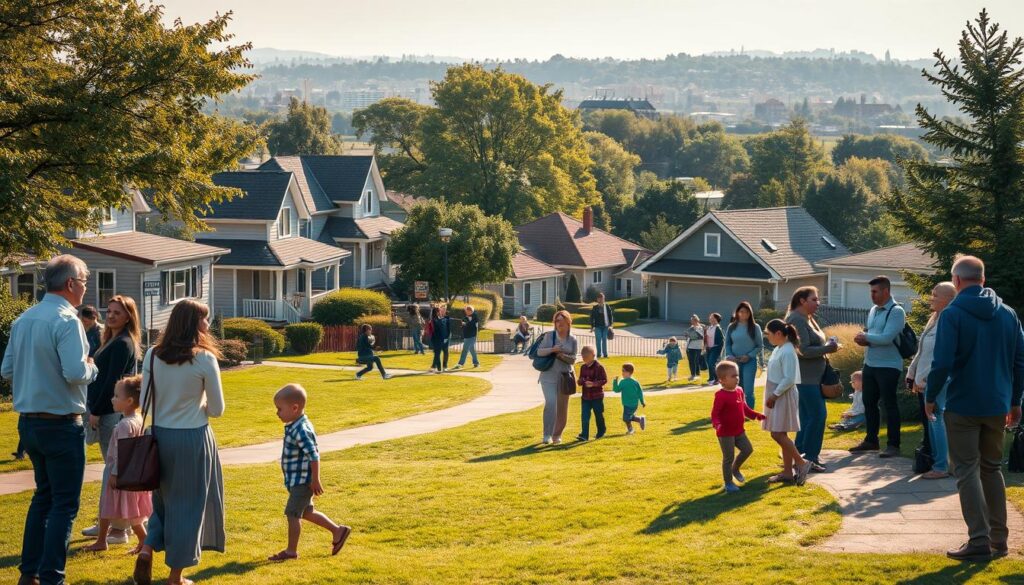 A peaceful residential neighborhood reflecting safety and community spirit, with a diverse group of people, including students in modest casual clothing, engaging in friendly conversation. In the foreground, a well-kept park with children playing and families enjoying the outdoors. The middle features charming houses with visible security measures like cameras and neighborhood watch signs, and well-lit pathways. In the background, lush trees and distant city buildings create a welcoming atmosphere. Soft afternoon sunlight bathes the scene in a warm glow, captured from a slightly elevated angle to emphasize the community's layout and safety features. The overall mood is inviting and reassuring, highlighting the importance of safety when choosing a place to live. A peaceful residential neighborhood reflecting safety and community spirit, with a diverse group of people, including students in modest casual clothing, engaging in friendly conversation. In the foreground, a well-kept park with children playing and families enjoying the outdoors. The middle features charming houses with visible security measures like cameras and neighborhood watch signs, and well-lit pathways. In the background, lush trees and distant city buildings create a welcoming atmosphere. Soft afternoon sunlight bathes the scene in a warm glow, captured from a slightly elevated angle to emphasize the community's layout and safety features. The overall mood is inviting and reassuring, highlighting the importance of safety when choosing a place to live.