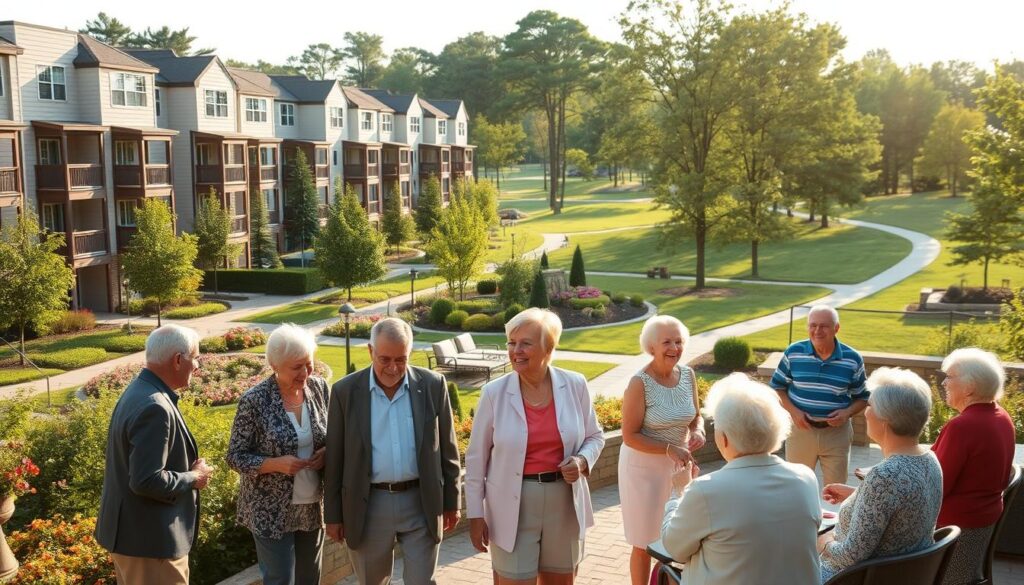 A peaceful senior living community nestled in a lush, green environment. In the foreground, a gathering of seniors in smart casual attire enjoying a sunny afternoon on a patio, engaged in conversation and laughter, exuding warmth and companionship. In the middle ground, modern condominium buildings designed with accessibility in mind, featuring wide pathways and beautifully landscaped gardens filled with blooming flowers and shaded seating areas. The background shows a serene park with trees and a gentle path, inviting further exploration. The lighting is soft and warm, suggesting a late afternoon sun, creating a welcoming and uplifting atmosphere. The scene conveys a sense of community, comfort, and the importance of social interaction for the elderly. A peaceful senior living community nestled in a lush, green environment. In the foreground, a gathering of seniors in smart casual attire enjoying a sunny afternoon on a patio, engaged in conversation and laughter, exuding warmth and companionship. In the middle ground, modern condominium buildings designed with accessibility in mind, featuring wide pathways and beautifully landscaped gardens filled with blooming flowers and shaded seating areas. The background shows a serene park with trees and a gentle path, inviting further exploration. The lighting is soft and warm, suggesting a late afternoon sun, creating a welcoming and uplifting atmosphere. The scene conveys a sense of community, comfort, and the importance of social interaction for the elderly.