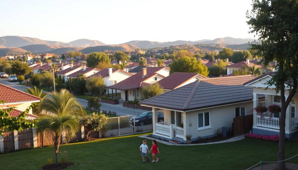 A peaceful suburban neighborhood in Sarandi, featuring charming, tree-lined streets. In the foreground, a cozy single-family home with a well-manicured garden, children playing safely in the yard. The middle ground showcases several similar houses, each with inviting porches and vibrant flower beds, embodying a sense of community. In the background, gentle hills rise, bathed in the warm glow of a late afternoon sun, casting soft, golden shadows. The overall mood is serene and family-friendly, evoking feelings of safety and tranquility. The scene is captured from a slightly elevated angle, resembling a vibrant photograph with rich colors and soft lighting, ideal for illustrating a family-oriented environment. A peaceful suburban neighborhood in Sarandi, featuring charming, tree-lined streets. In the foreground, a cozy single-family home with a well-manicured garden, children playing safely in the yard. The middle ground showcases several similar houses, each with inviting porches and vibrant flower beds, embodying a sense of community. In the background, gentle hills rise, bathed in the warm glow of a late afternoon sun, casting soft, golden shadows. The overall mood is serene and family-friendly, evoking feelings of safety and tranquility. The scene is captured from a slightly elevated angle, resembling a vibrant photograph with rich colors and soft lighting, ideal for illustrating a family-oriented environment.