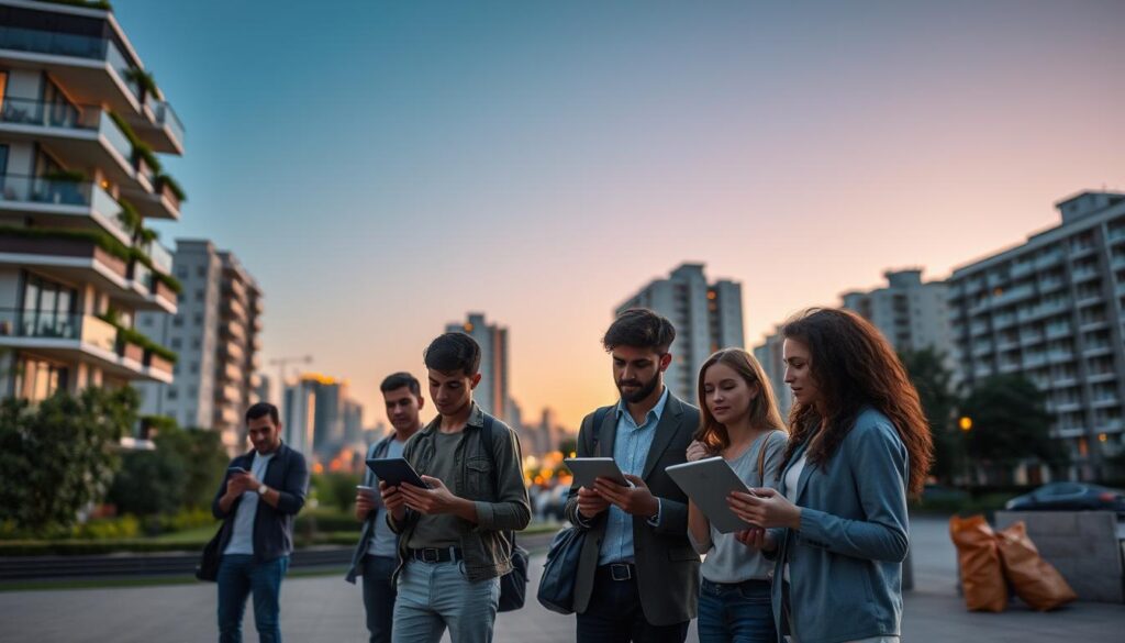 A peaceful urban scene showcasing a modern cityscape in Maringá, Brazil during the early evening. In the foreground, a diverse group of young adults dressed in smart casual clothing engaging in discussions while reviewing property listings on tablets and laptops. The middle ground features contemporary apartment buildings with balconies adorned with greenery. In the background, hints of the city skyline are illuminated by warm sunset hues, suggesting an inviting atmosphere. Soft lighting enhances the mood of optimism and opportunity, depicting a sense of anticipation. The focus is on collaboration and planning, symbolizing the ideal timing to begin the search for an apartment, with a clear blue sky transitioning to twilight. The image should be vibrant, engaging, and inspiring for prospective renters. A peaceful urban scene showcasing a modern cityscape in Maringá, Brazil during the early evening. In the foreground, a diverse group of young adults dressed in smart casual clothing engaging in discussions while reviewing property listings on tablets and laptops. The middle ground features contemporary apartment buildings with balconies adorned with greenery. In the background, hints of the city skyline are illuminated by warm sunset hues, suggesting an inviting atmosphere. Soft lighting enhances the mood of optimism and opportunity, depicting a sense of anticipation. The focus is on collaboration and planning, symbolizing the ideal timing to begin the search for an apartment, with a clear blue sky transitioning to twilight. The image should be vibrant, engaging, and inspiring for prospective renters.