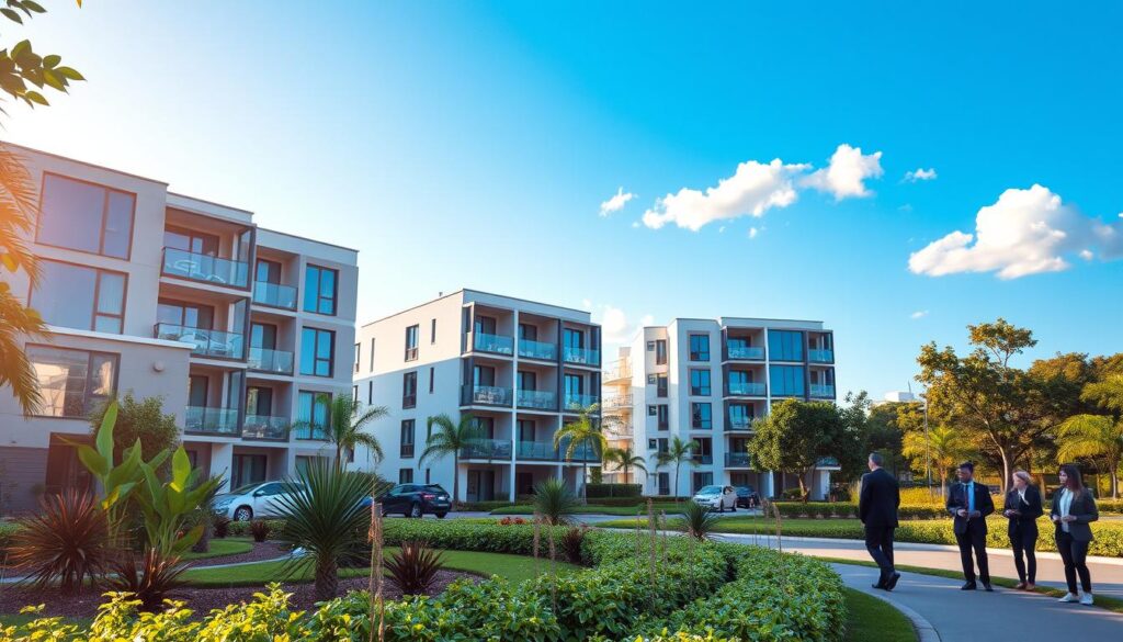 A peaceful urban setting showcasing a row of modern apartamentos in Maringá, Brazil. The foreground features well-maintained landscaping with lush greenery and ornamental plants surrounding the buildings. In the middle ground, the apartamentos exhibit sleek architectural designs with large windows, balconies, and neutral colors that reflect contemporary style. The background reveals a bright blue sky with a few fluffy clouds, creating a vibrant and inviting atmosphere. Soft, warm sunlight bathes the scene, enhancing the inviting feel. Capture this image from a slightly elevated angle to emphasize the structure’s proximity to a lively neighborhood, and include subtle details like a nearby park and people dressed in smart business attire engaging in conversation, creating an impression of community and safety. A peaceful urban setting showcasing a row of modern apartamentos in Maringá, Brazil. The foreground features well-maintained landscaping with lush greenery and ornamental plants surrounding the buildings. In the middle ground, the apartamentos exhibit sleek architectural designs with large windows, balconies, and neutral colors that reflect contemporary style. The background reveals a bright blue sky with a few fluffy clouds, creating a vibrant and inviting atmosphere. Soft, warm sunlight bathes the scene, enhancing the inviting feel. Capture this image from a slightly elevated angle to emphasize the structure’s proximity to a lively neighborhood, and include subtle details like a nearby park and people dressed in smart business attire engaging in conversation, creating an impression of community and safety.