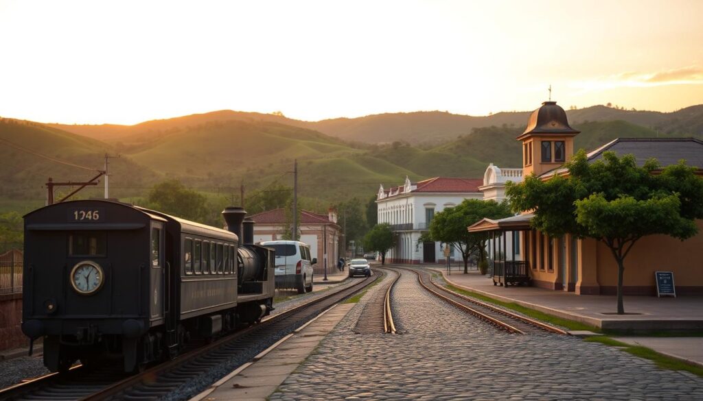 A picturesque and historical scene illustrating the development of Mandaguari, PR, set against a backdrop of rolling green hills. In the foreground, a charming vintage train approaches a quaint train station, symbolizing the town's early transportation roots. The middle ground features well-preserved colonial-style buildings, showcasing the influence of the 19th century, with cobblestone streets lined with lush trees. In the background, a sunset casts a warm golden hue, highlighting the serene sky and creating a nostalgic atmosphere. Soft, diffused lighting enhances the scene's tranquility, while a shallow depth of field focuses on the details of the train and the station. This image evokes a sense of history and community, perfect for illustrating the rich heritage of Mandaguari. A picturesque and historical scene illustrating the development of Mandaguari, PR, set against a backdrop of rolling green hills. In the foreground, a charming vintage train approaches a quaint train station, symbolizing the town's early transportation roots. The middle ground features well-preserved colonial-style buildings, showcasing the influence of the 19th century, with cobblestone streets lined with lush trees. In the background, a sunset casts a warm golden hue, highlighting the serene sky and creating a nostalgic atmosphere. Soft, diffused lighting enhances the scene's tranquility, while a shallow depth of field focuses on the details of the train and the station. This image evokes a sense of history and community, perfect for illustrating the rich heritage of Mandaguari.