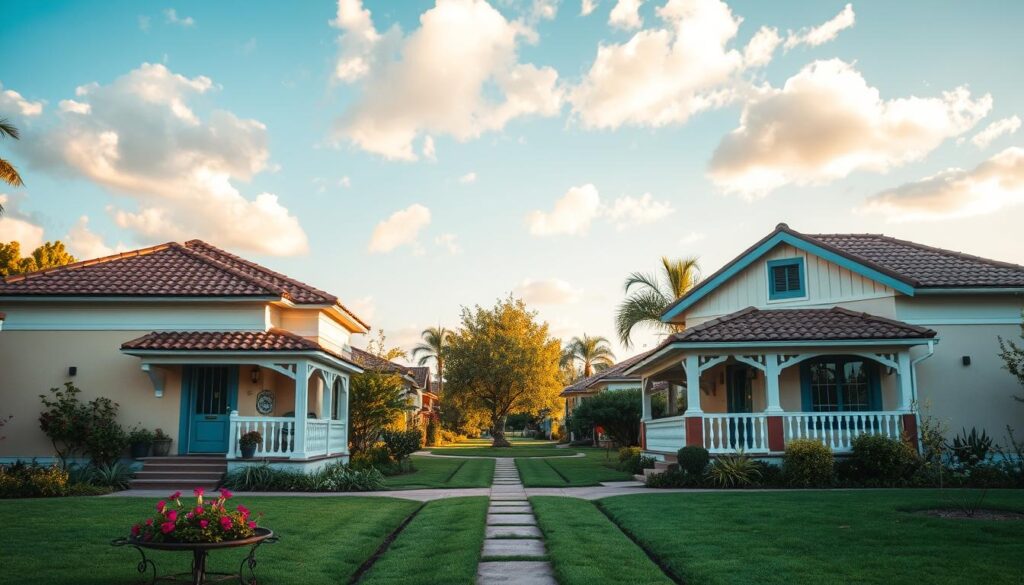 A picturesque collection of "casas térreas" nestled in a vibrant suburban setting. In the foreground, showcase two distinct single-story houses with charming architecture, featuring tiled roofs, colorful facades, and lush gardens. Include details such as flower beds, green lawns, and inviting porches. In the middle ground, a pathway lined with trees leads to the houses, creating a welcoming atmosphere. The background reveals a clear blue sky with soft, fluffy clouds, adding to the serene ambience. Use warm, natural lighting to highlight the homes during golden hour, capturing shadows that enhance their architectural features. The perspective should offer a slightly elevated angle, providing depth and inviting the viewer to imagine this tranquil neighborhood. A picturesque collection of "casas térreas" nestled in a vibrant suburban setting. In the foreground, showcase two distinct single-story houses with charming architecture, featuring tiled roofs, colorful facades, and lush gardens. Include details such as flower beds, green lawns, and inviting porches. In the middle ground, a pathway lined with trees leads to the houses, creating a welcoming atmosphere. The background reveals a clear blue sky with soft, fluffy clouds, adding to the serene ambience. Use warm, natural lighting to highlight the homes during golden hour, capturing shadows that enhance their architectural features. The perspective should offer a slightly elevated angle, providing depth and inviting the viewer to imagine this tranquil neighborhood.