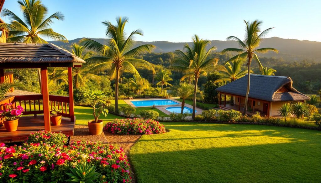 A picturesque landscape showcasing charming leisure chalets in Marialva, Brazil. In the foreground, a vibrant garden filled with tropical flowers and neatly trimmed grass; a small wooden porch with potted plants invites tranquility. The middle ground features cozy, rustic chalets with thatched roofs, surrounded by tall palm trees and a serene, inviting swimming pool reflecting the clear blue sky. In the background, gentle rolling hills and a lush forest outline the horizon, bathed in warm, golden sunlight, suggesting a peaceful afternoon. The scene conveys a welcoming, relaxed atmosphere, ideal for weekend retreats. The lighting is soft, enhancing the colors of nature. The image is captured with a slight depth of field to focus on the chalets while still showcasing the beauty of the surroundings. A picturesque landscape showcasing charming leisure chalets in Marialva, Brazil. In the foreground, a vibrant garden filled with tropical flowers and neatly trimmed grass; a small wooden porch with potted plants invites tranquility. The middle ground features cozy, rustic chalets with thatched roofs, surrounded by tall palm trees and a serene, inviting swimming pool reflecting the clear blue sky. In the background, gentle rolling hills and a lush forest outline the horizon, bathed in warm, golden sunlight, suggesting a peaceful afternoon. The scene conveys a welcoming, relaxed atmosphere, ideal for weekend retreats. The lighting is soft, enhancing the colors of nature. The image is captured with a slight depth of field to focus on the chalets while still showcasing the beauty of the surroundings.
